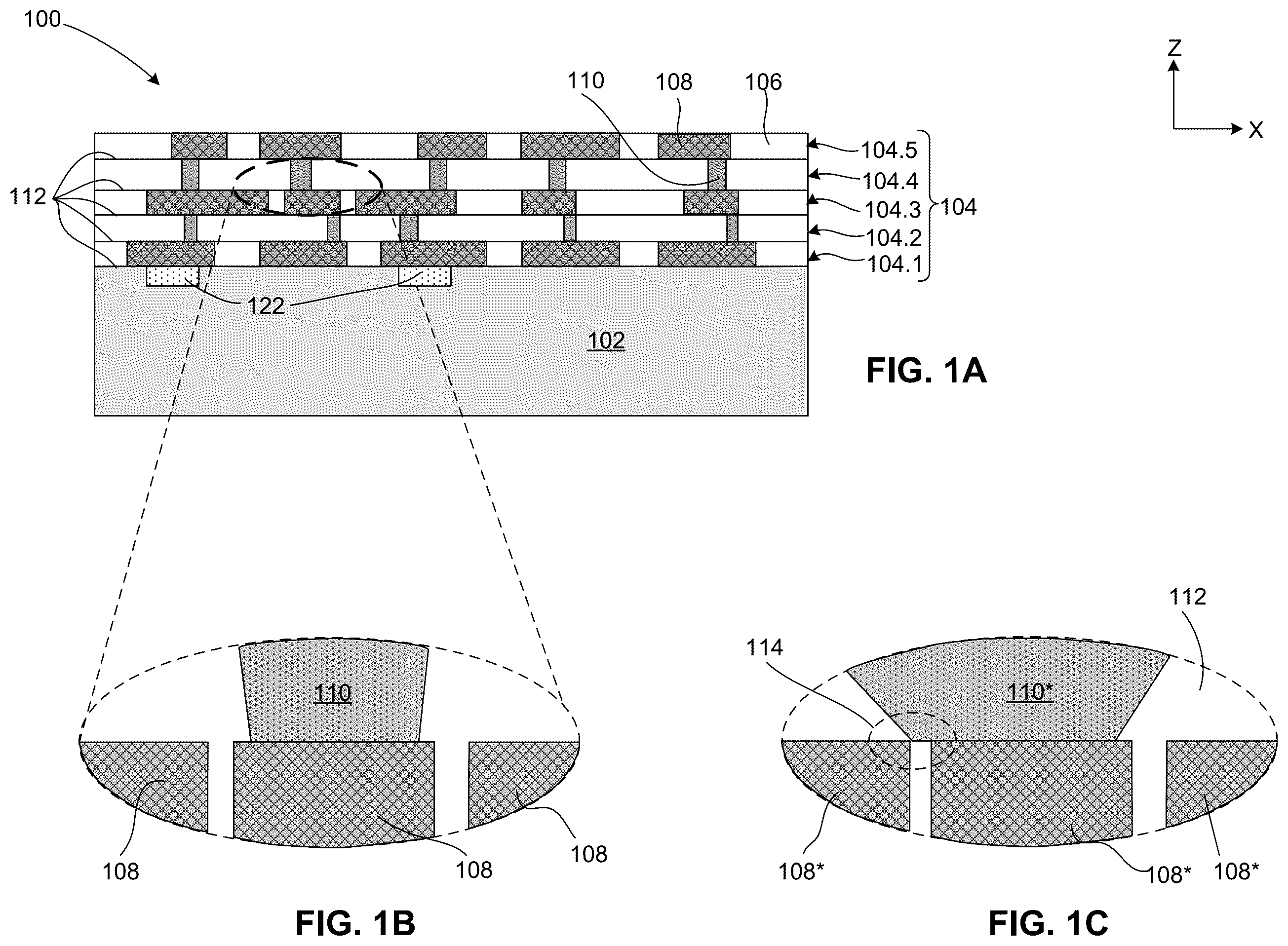 Patent US11854873 Figure 1 – Etch profile control of interconnect structures
