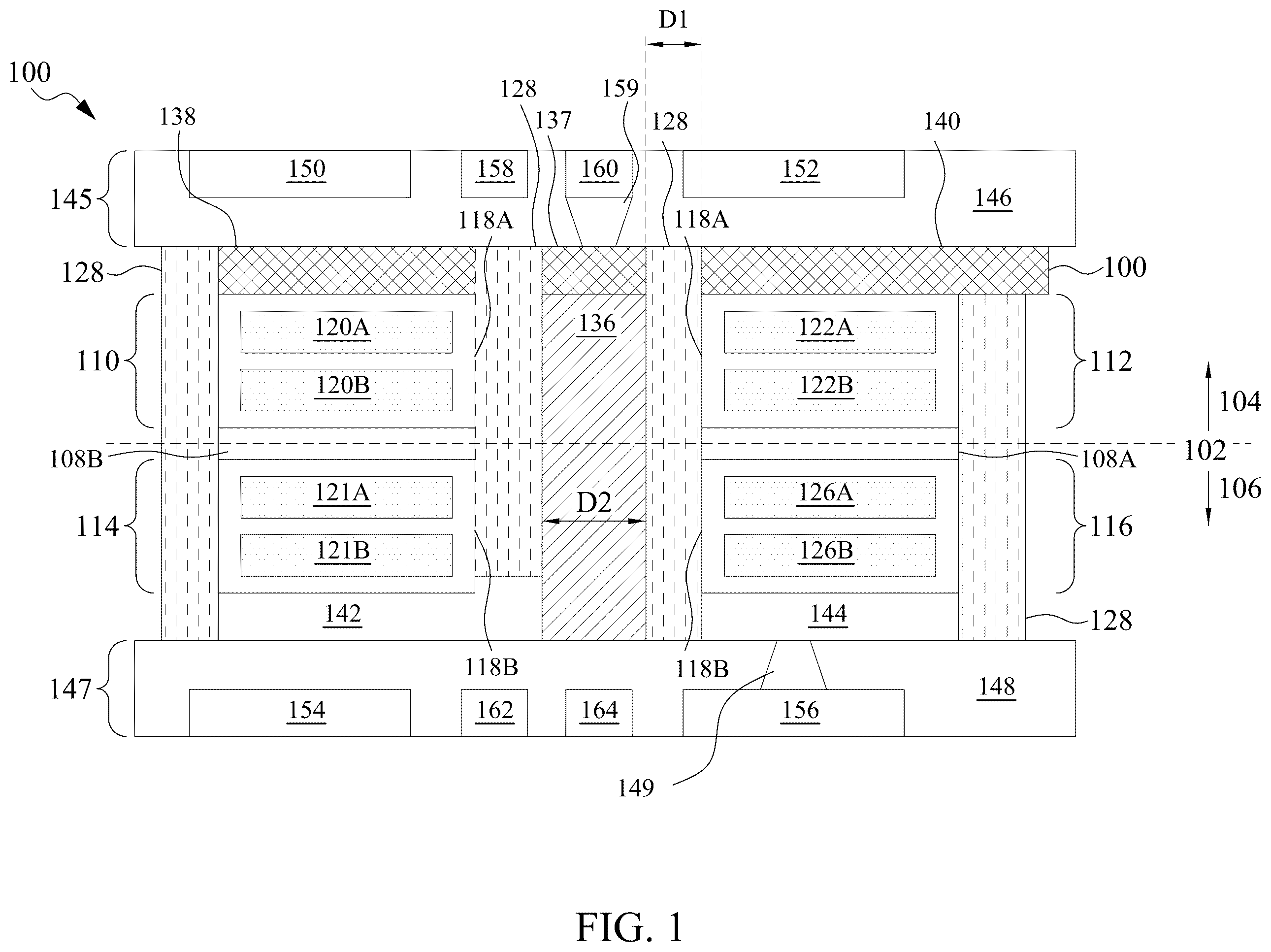 Patent US11854940 Figure 1 – Semiconductor device having self-aligned interconnect structure and method of making