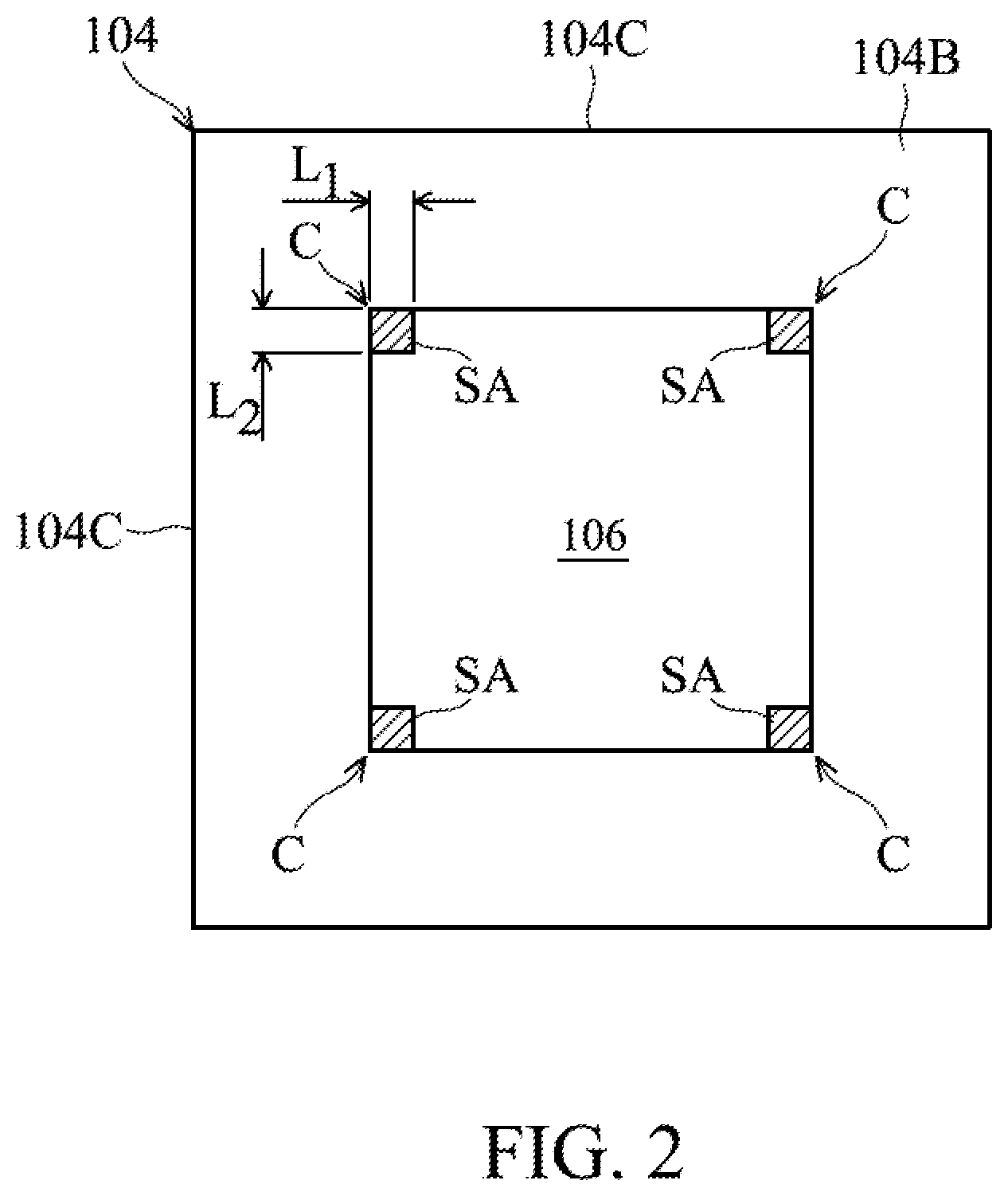 Patent US11854956 Figure 4 – Semiconductor die package with conductive line crack prevention design