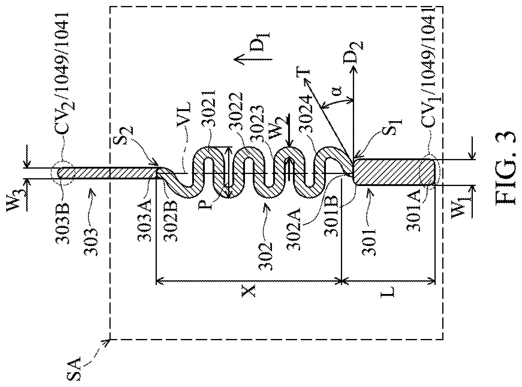 Patent US11854956 Figure 5 – Semiconductor die package with conductive line crack prevention design