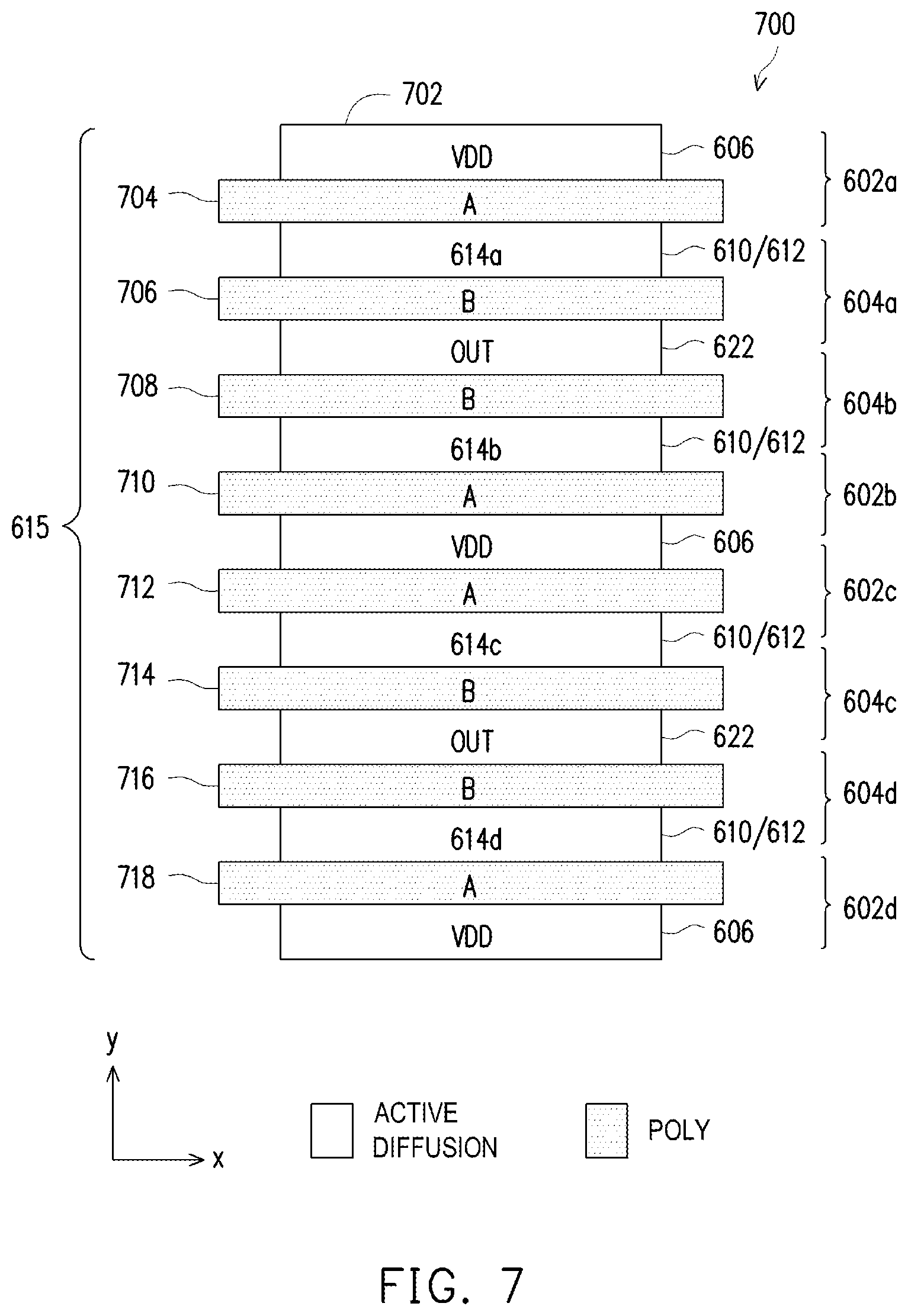 Patent US11854970 Figure 7 – Reducing internal node loading in combination circuits
