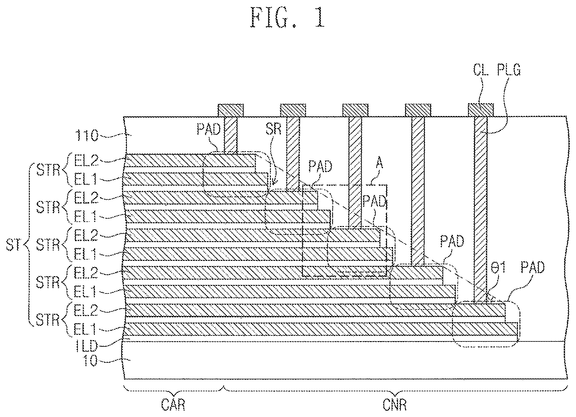 Patent US11854975 Figure 1 – Three-dimensional semiconductor device