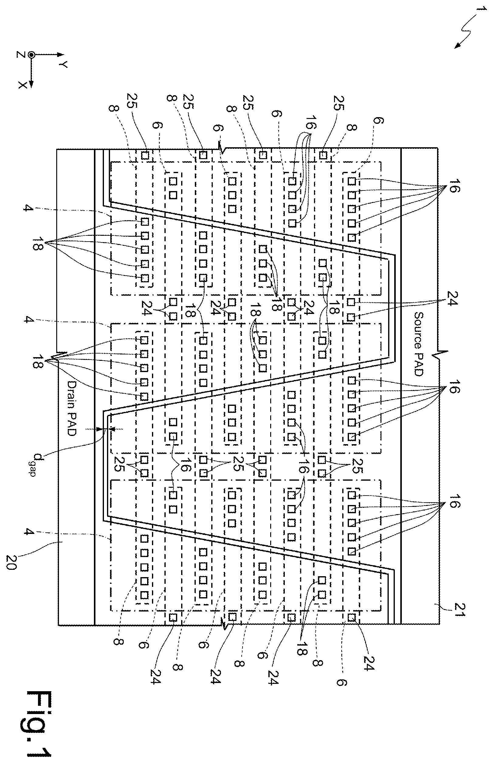 Patent US11854977 Figure 1 – GAN-based, lateral-conduction, electronic device with improved metallic layers layout