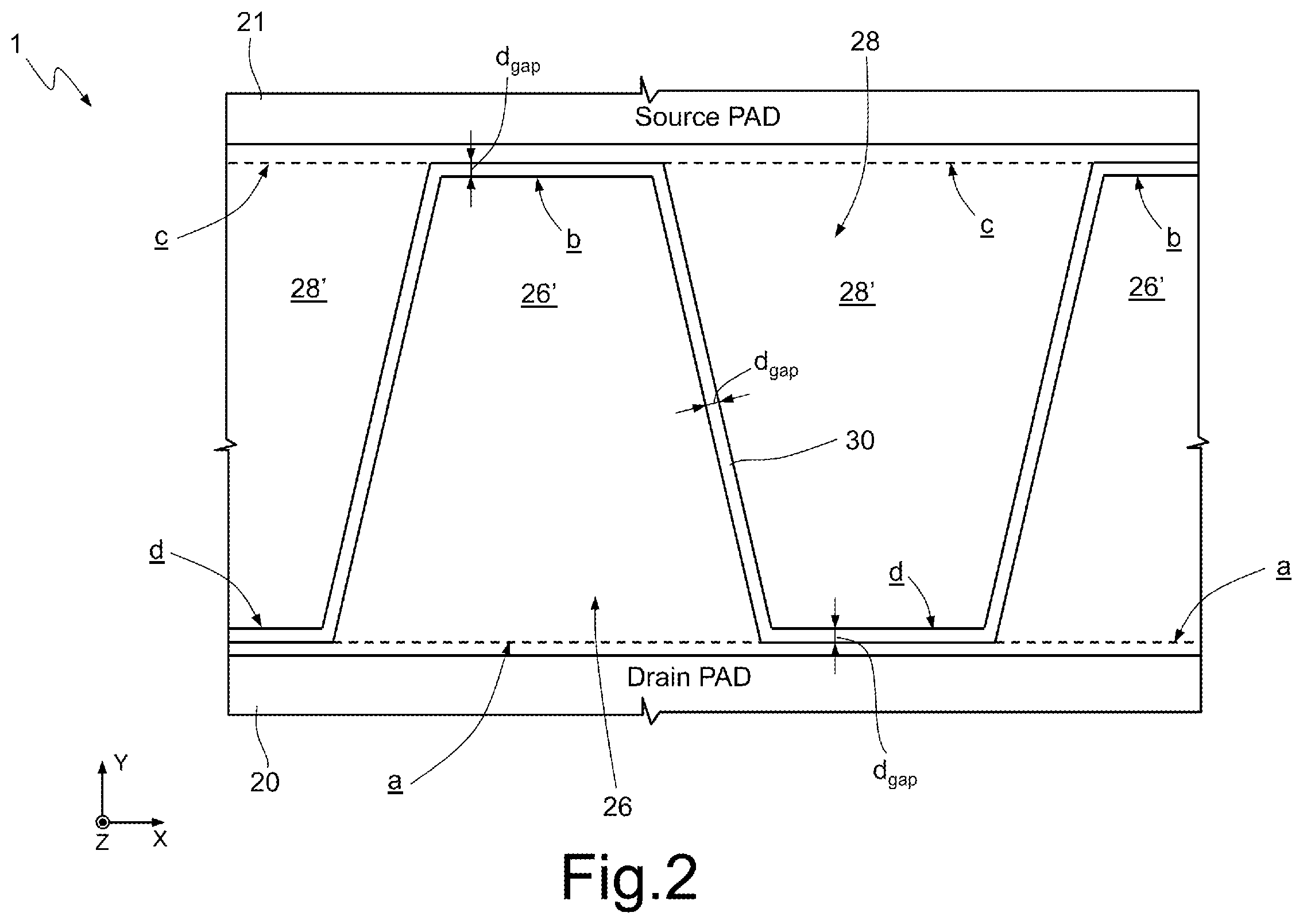 Patent US11854977 Figure 2 – GAN-based, lateral-conduction, electronic device with improved metallic layers layout