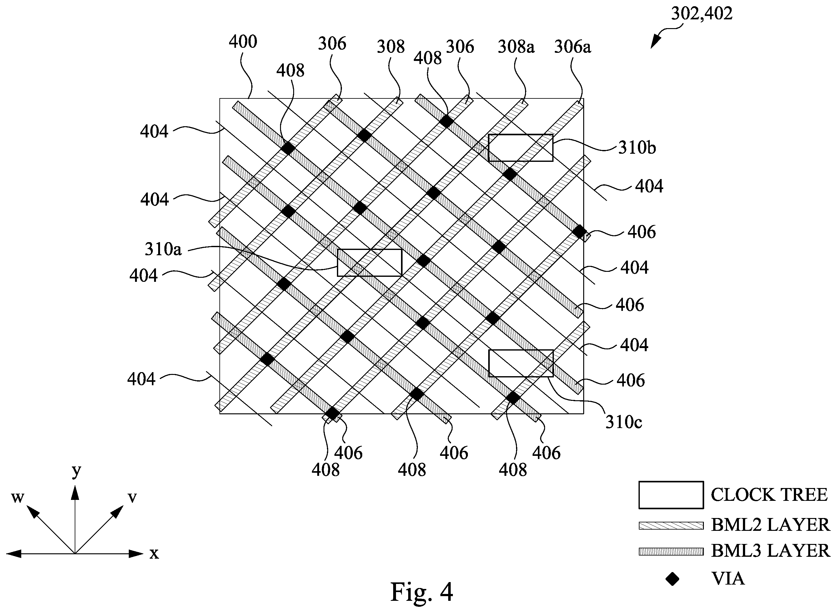 Patent US11854978 Figure 4 – Diagonal backside power and signal routing for an integrated circuit