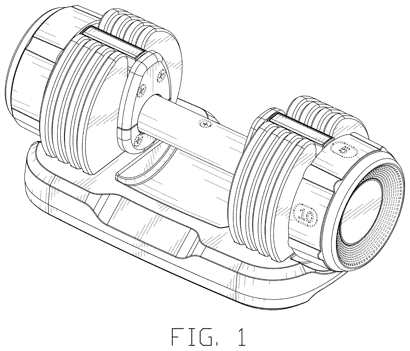 Patent USD1000553 Figure 1 – Adustable dumbbell