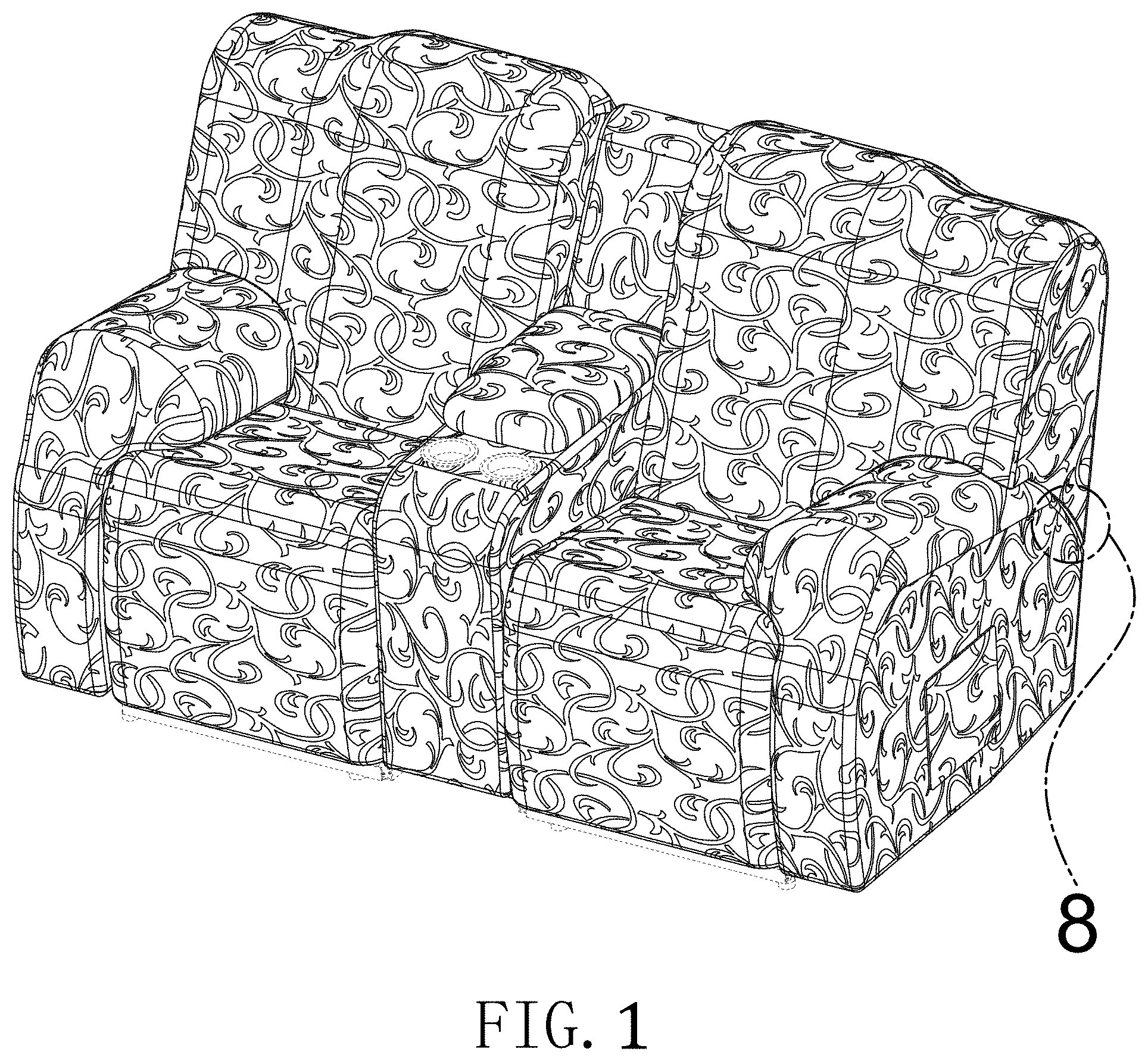 Patent USD1000875 Figure 1 – Recliner loveseat slipcover