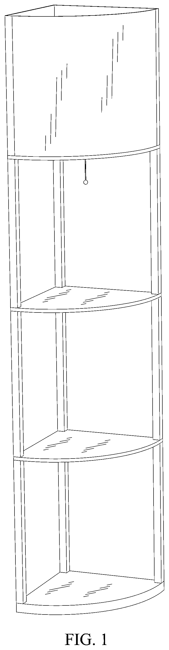 Patent USD1001330 Figure 1 – Fan-shaped bookshelf with a lamp