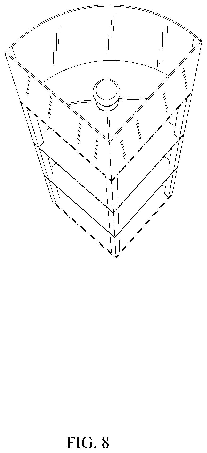 Patent USD1001330 Figure 7 – Fan-shaped bookshelf with a lamp