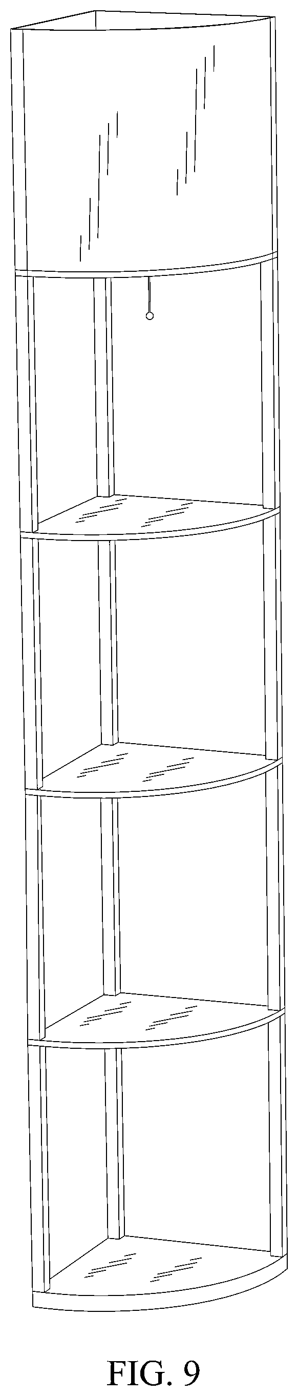 Patent USD1001330 Figure 8 – Fan-shaped bookshelf with a lamp