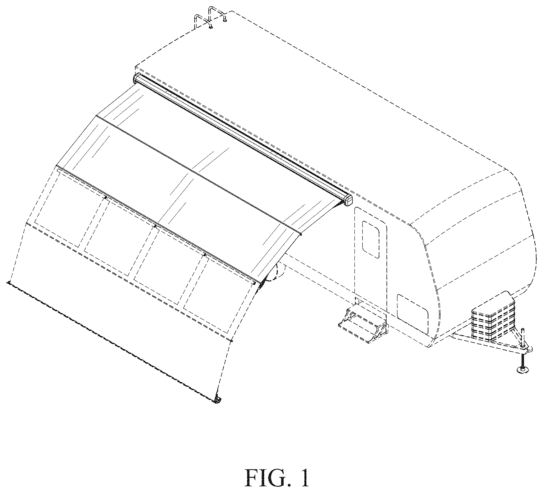 Patent USD1001714 Figure 1 – Retractable awning and partial room combination