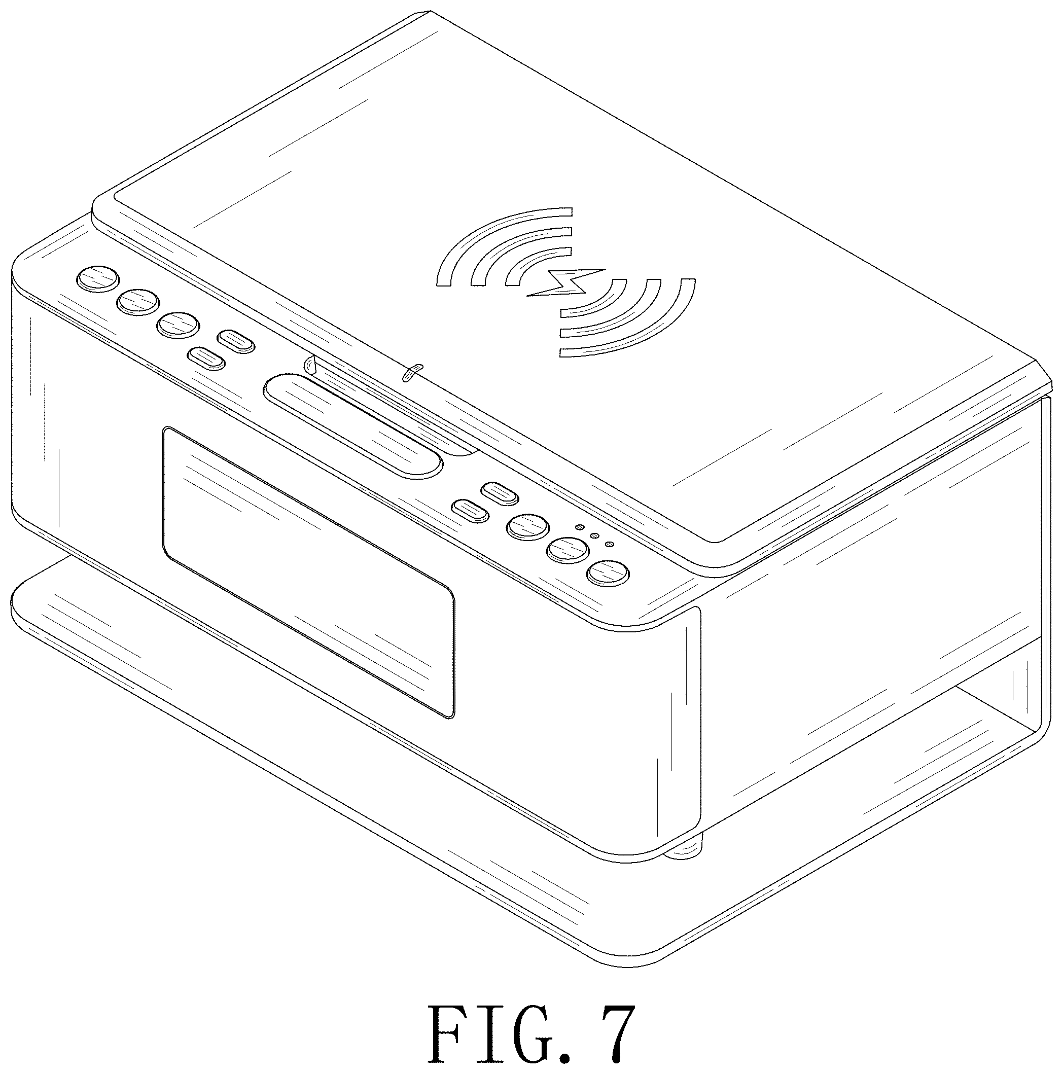 Patent USD1001767 Figure 7 – UVC sterilization box with charger and clock and speaker