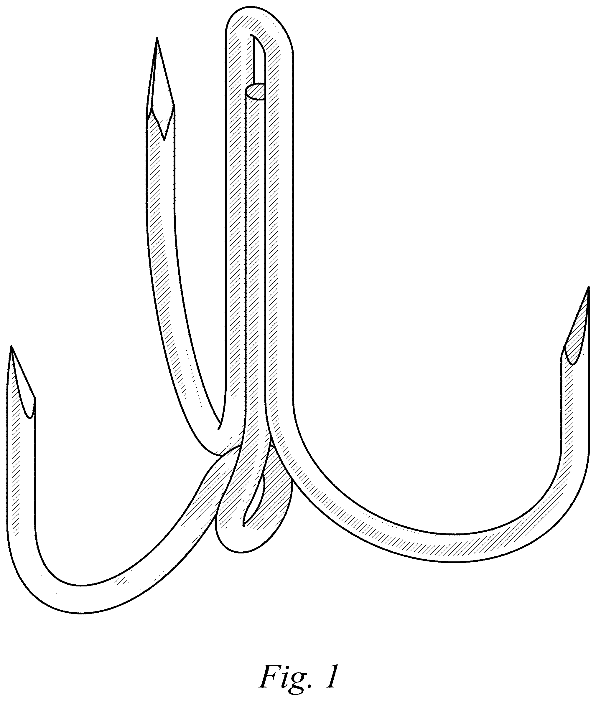 Patent USD1001957 Figure 1 – Fishing treble hook with release eye