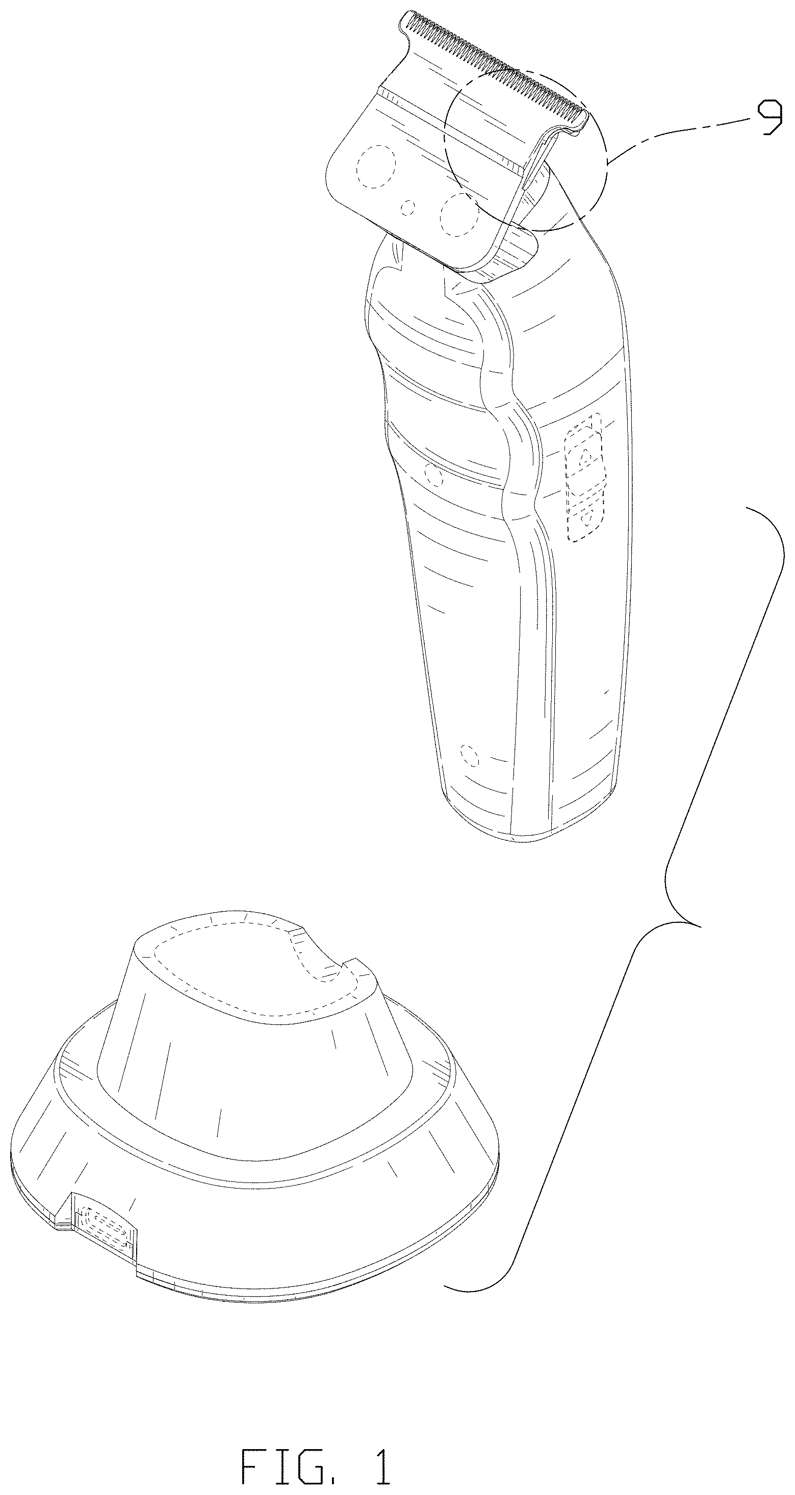 Patent USD1002106 Figure 1 – Combined hair trimmer with base