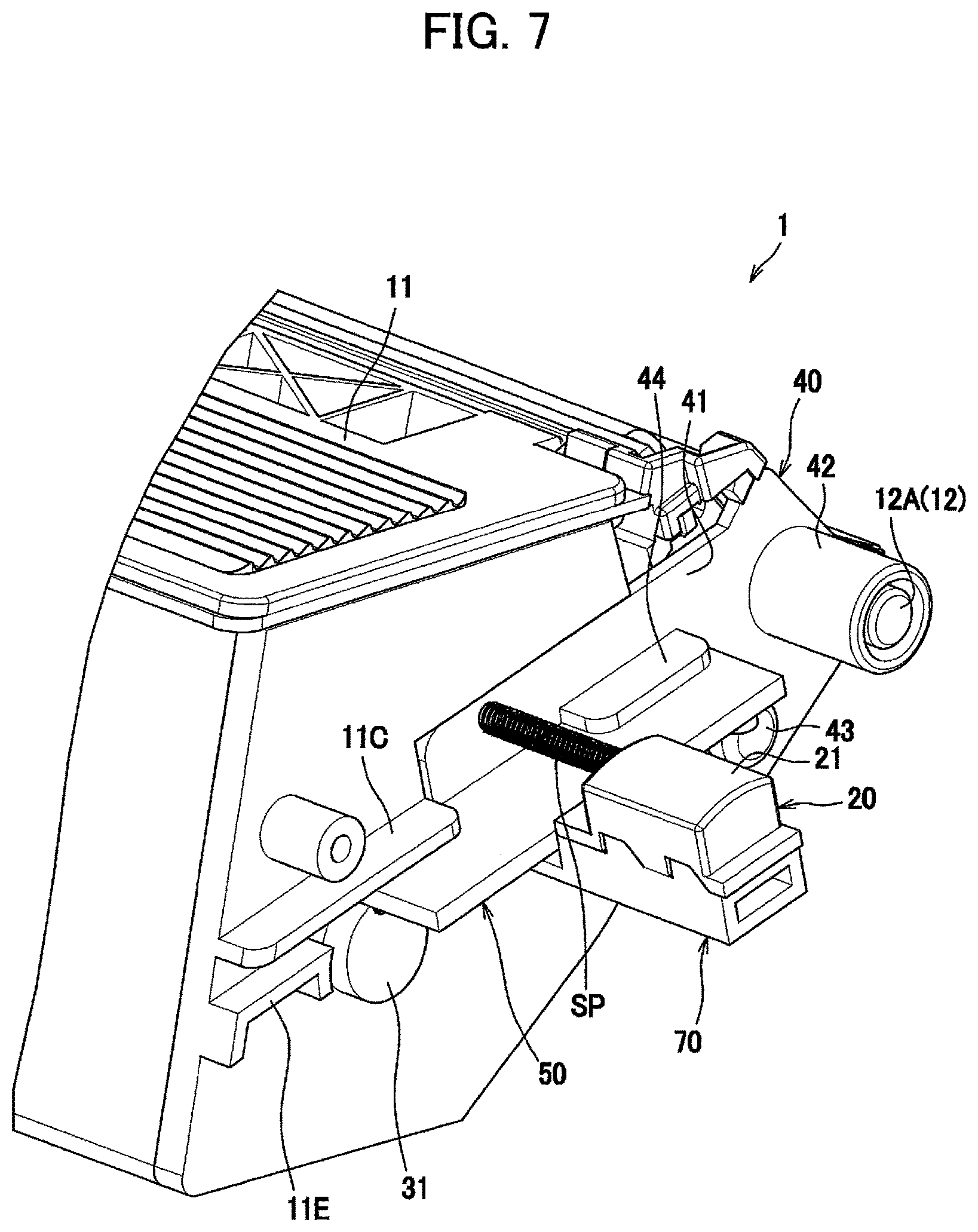Patent USRE049689 Figure 7 – Developing cartridge capable of releasing meshing between gear and rack gear
