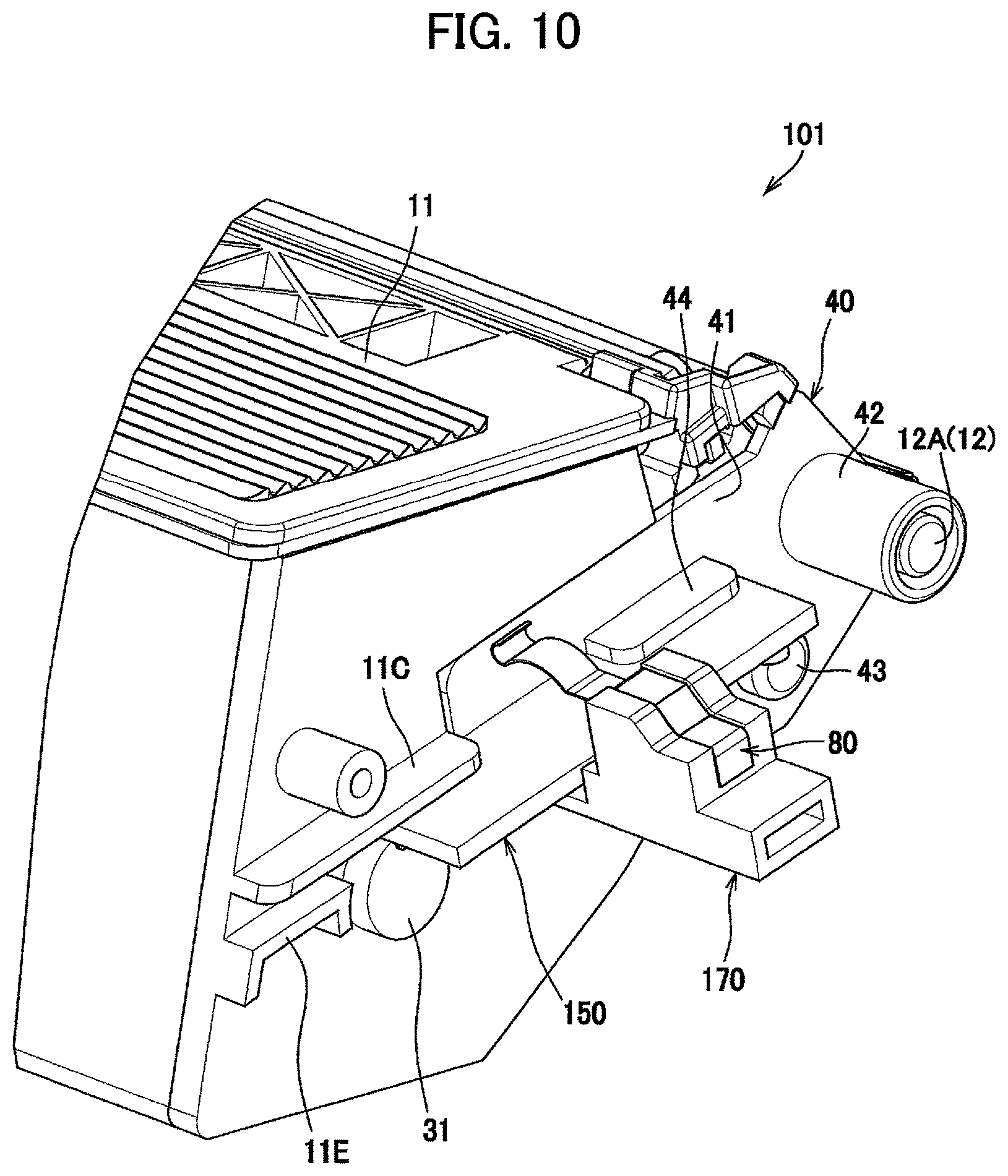 Patent USRE049689 Figure 10 – Developing cartridge capable of releasing meshing between gear and rack gear