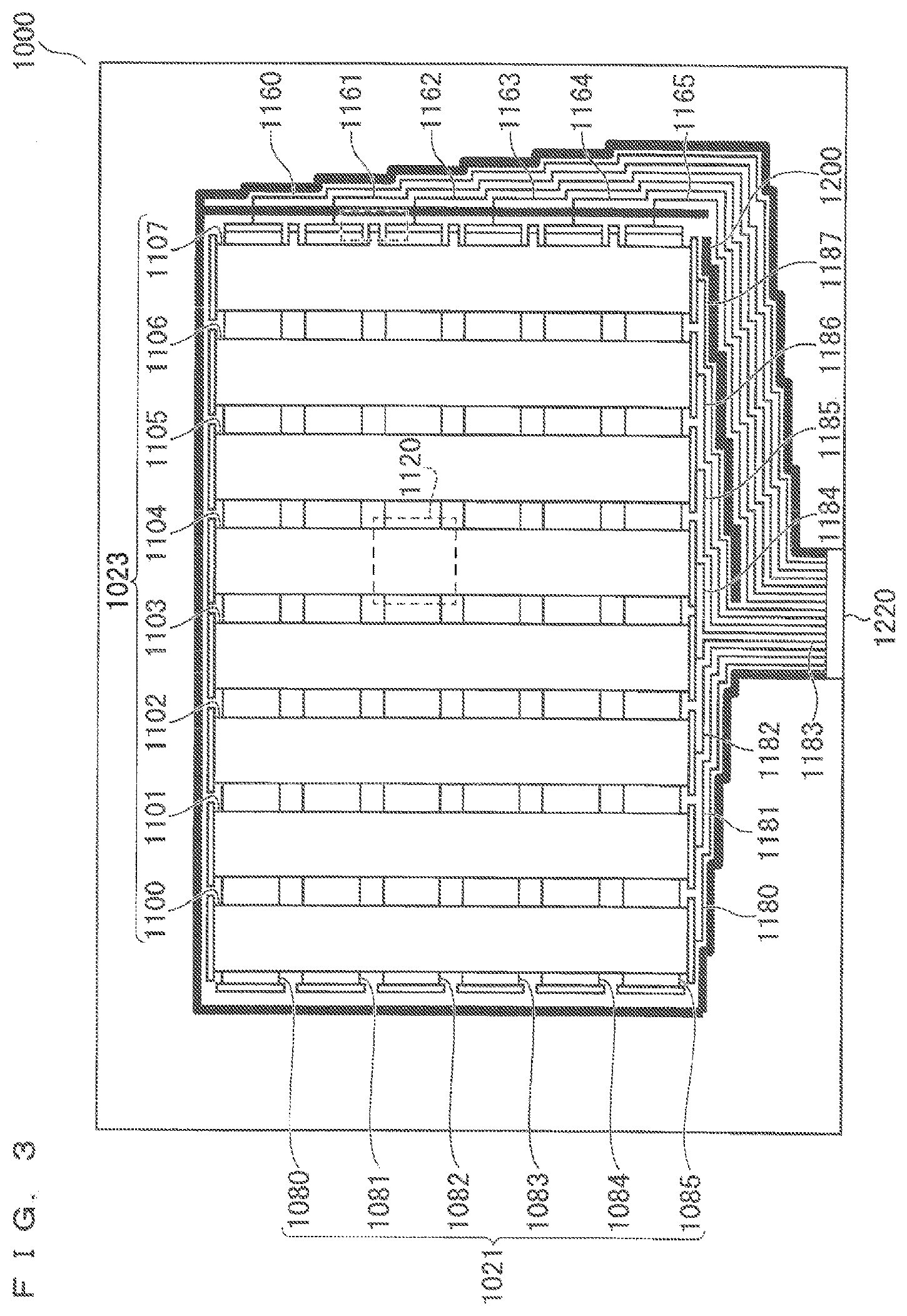 Patent USRE049690 Figure 3 – Touch screen with electrodes including linear and branched portions