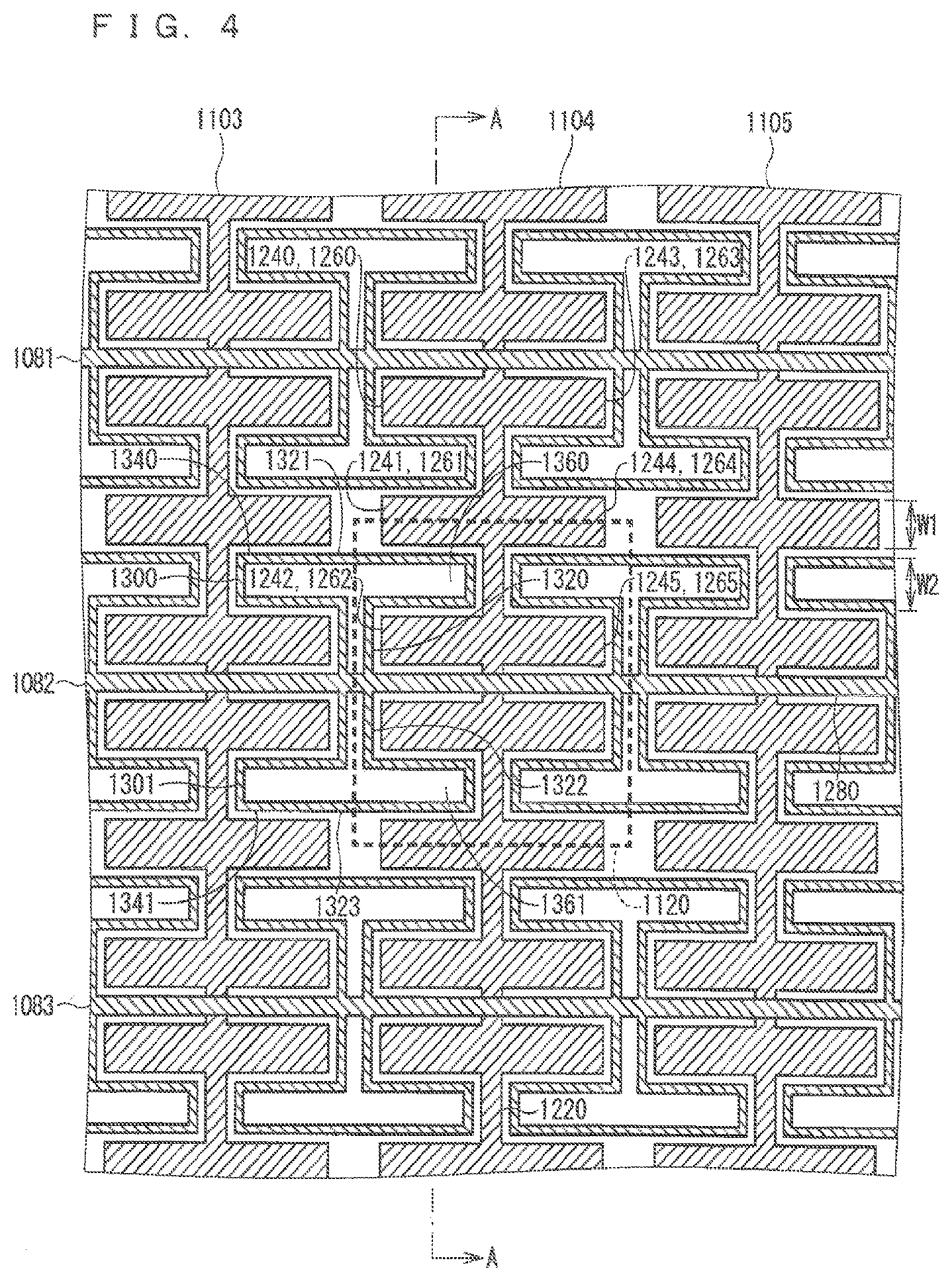 Patent USRE049690 Figure 4 – Touch screen with electrodes including linear and branched portions