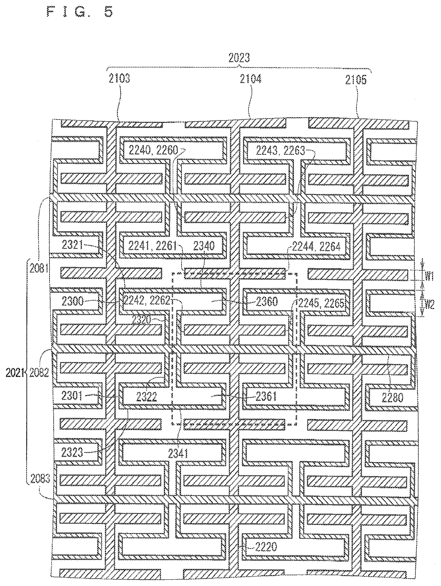 Patent USRE049690 Figure 5 – Touch screen with electrodes including linear and branched portions