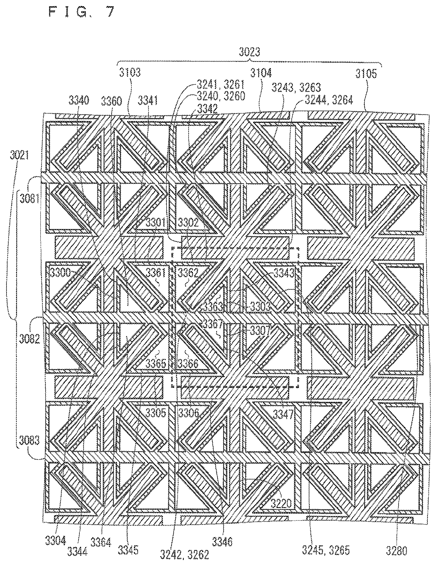 Patent USRE049690 Figure 7 – Touch screen with electrodes including linear and branched portions