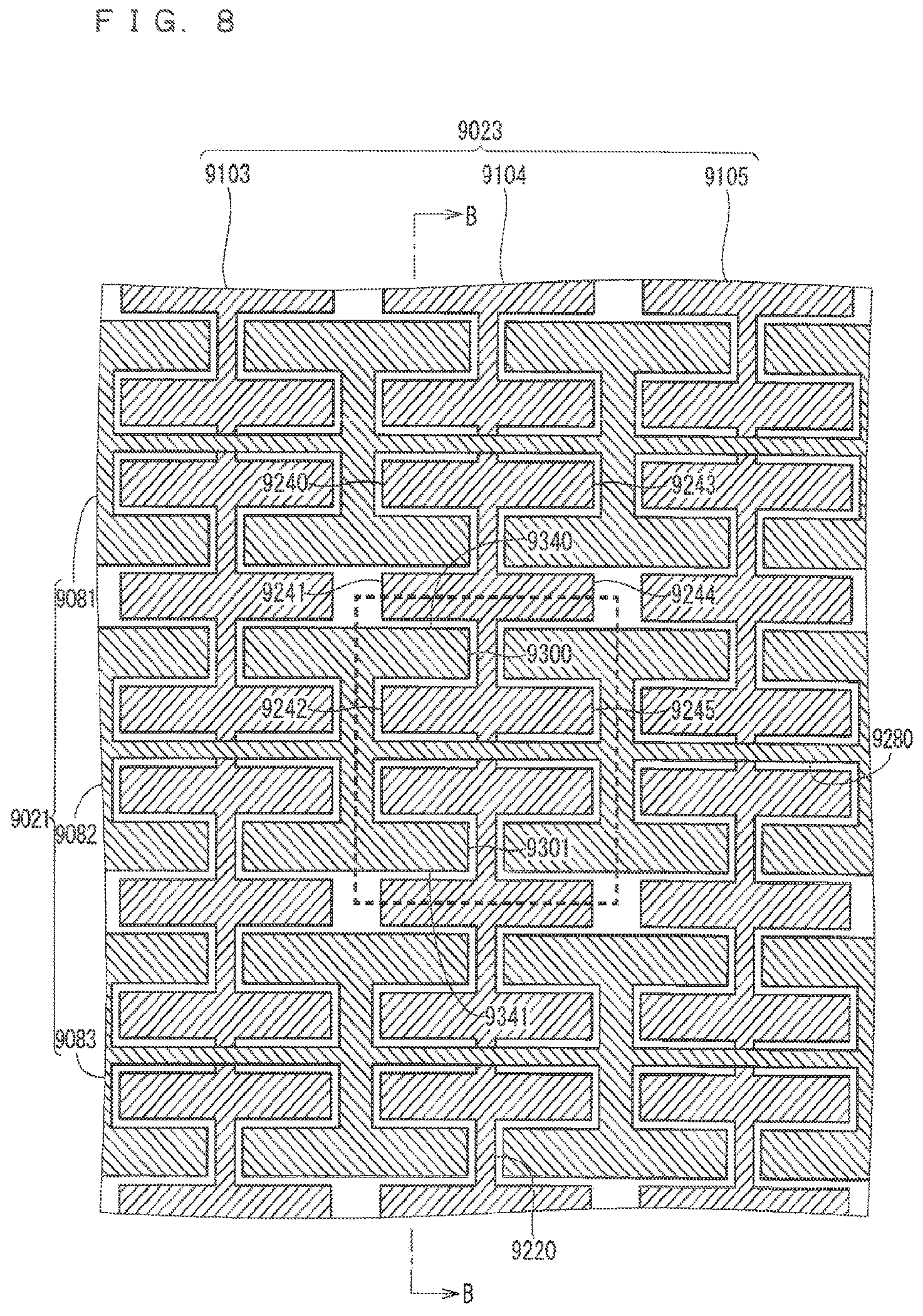 Patent USRE049690 Figure 8 – Touch screen with electrodes including linear and branched portions