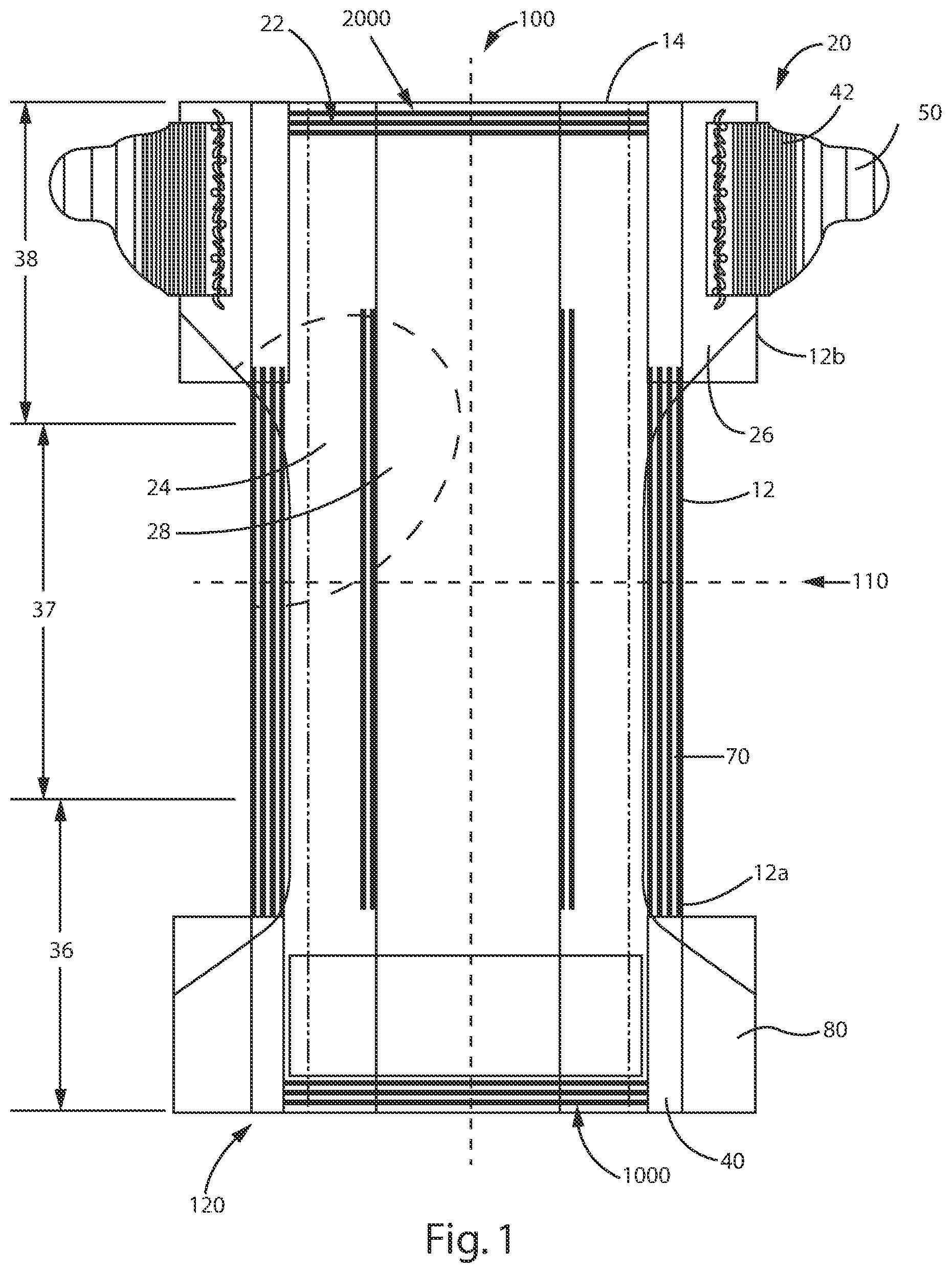 Patent US12090032 Figure 1 – Absorbent article with a waistband and leg cuffs having gathers