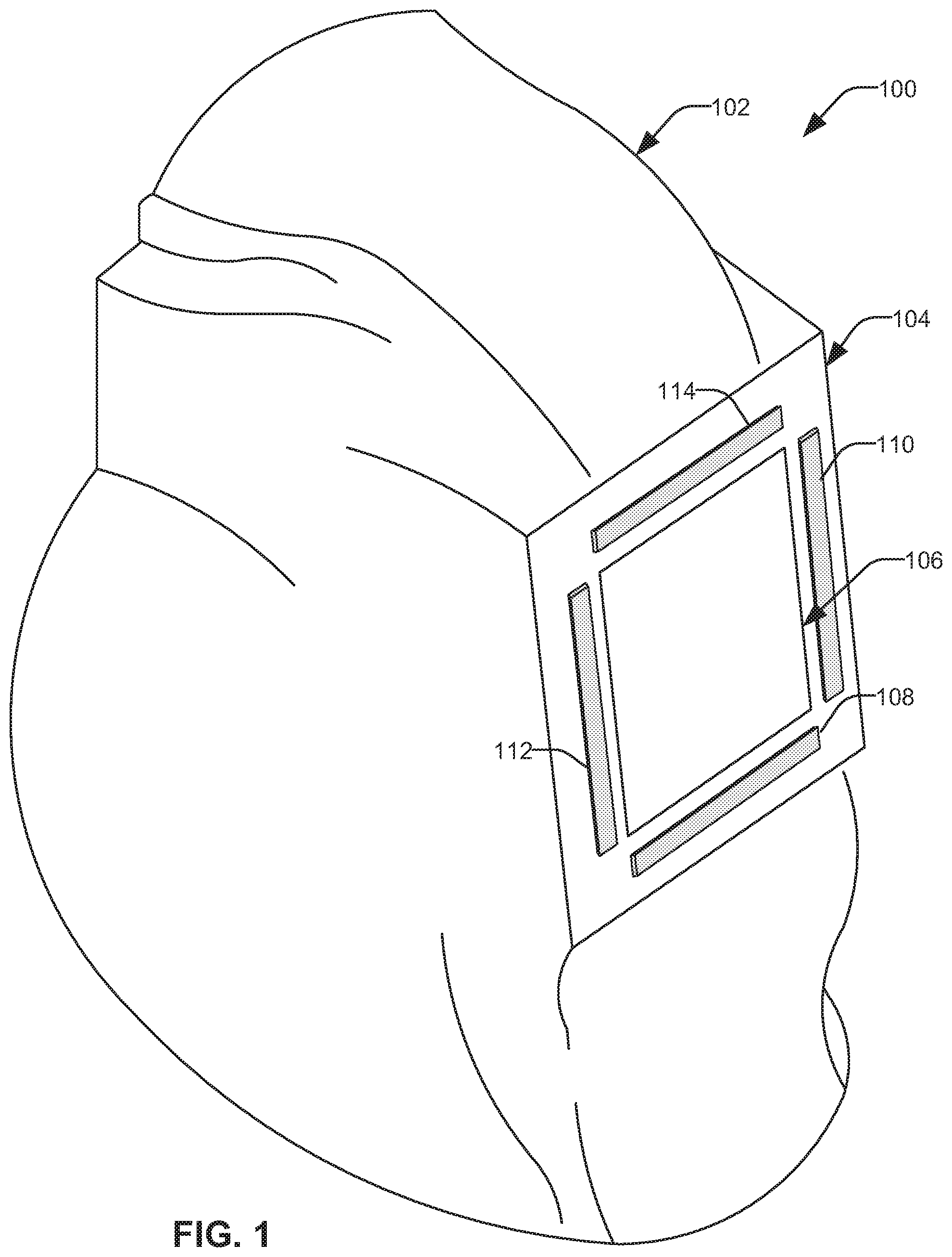 Patent US12090089 Figure 1 – Lighting attachment for welding helmets