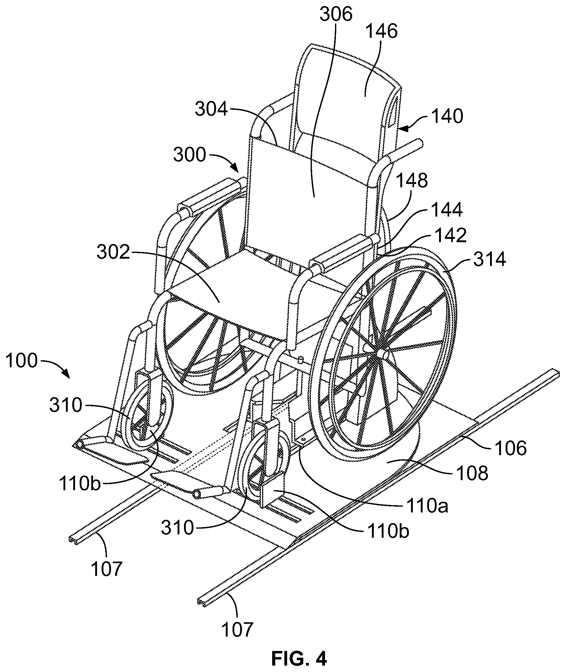 Patent US12090097 Figure 4 – Platform system for securing a wheelchair in position within an internal cabin of a vehicle