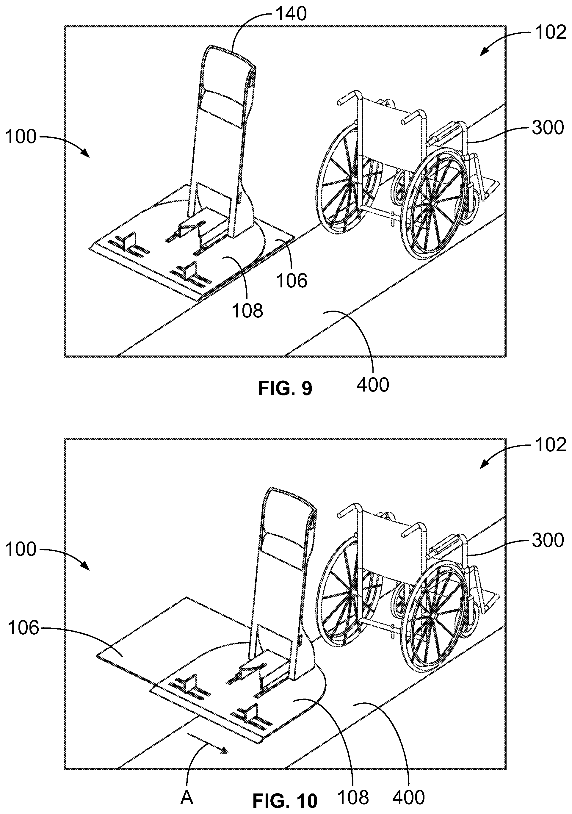 Patent US12090097 Figure 7 – Platform system for securing a wheelchair in position within an internal cabin of a vehicle