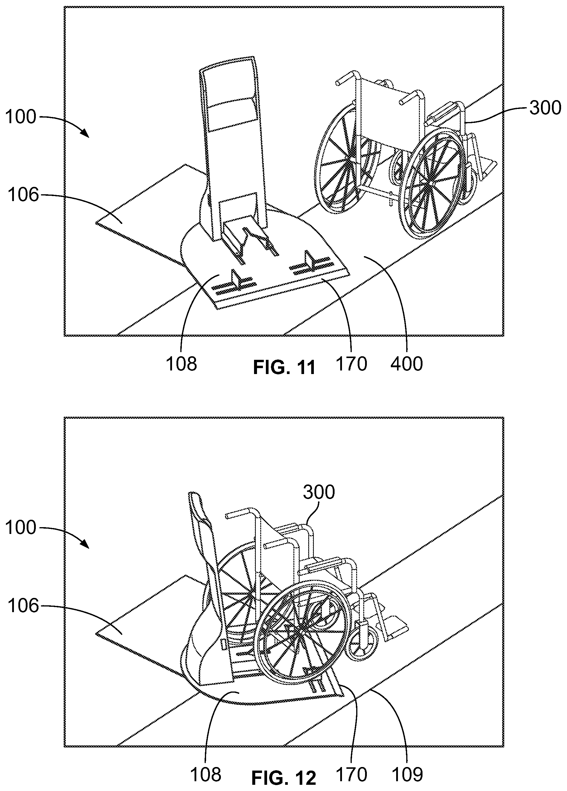 Patent US12090097 Figure 8 – Platform system for securing a wheelchair in position within an internal cabin of a vehicle