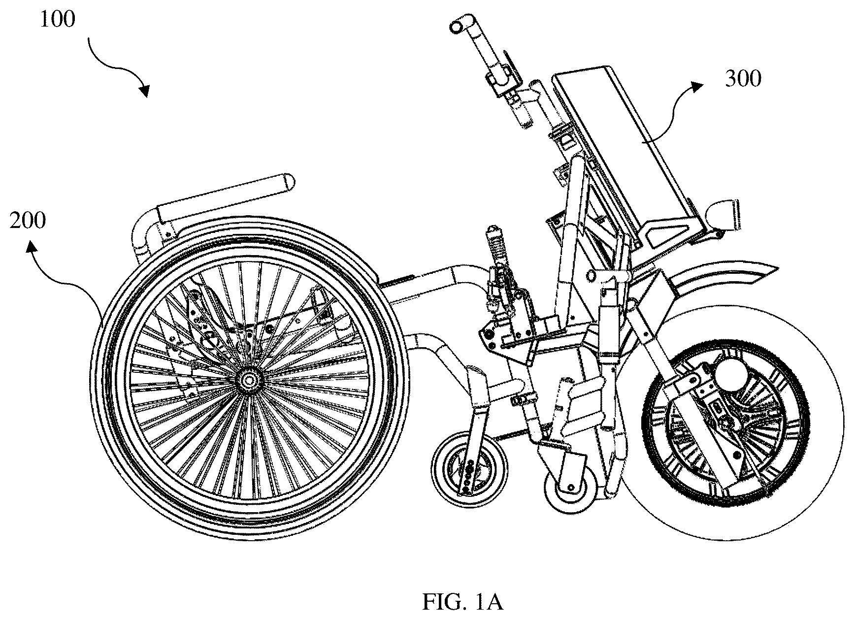 Patent US12090101 Figure 1 – Extended wheelchair and an attachment device for the wheelchair