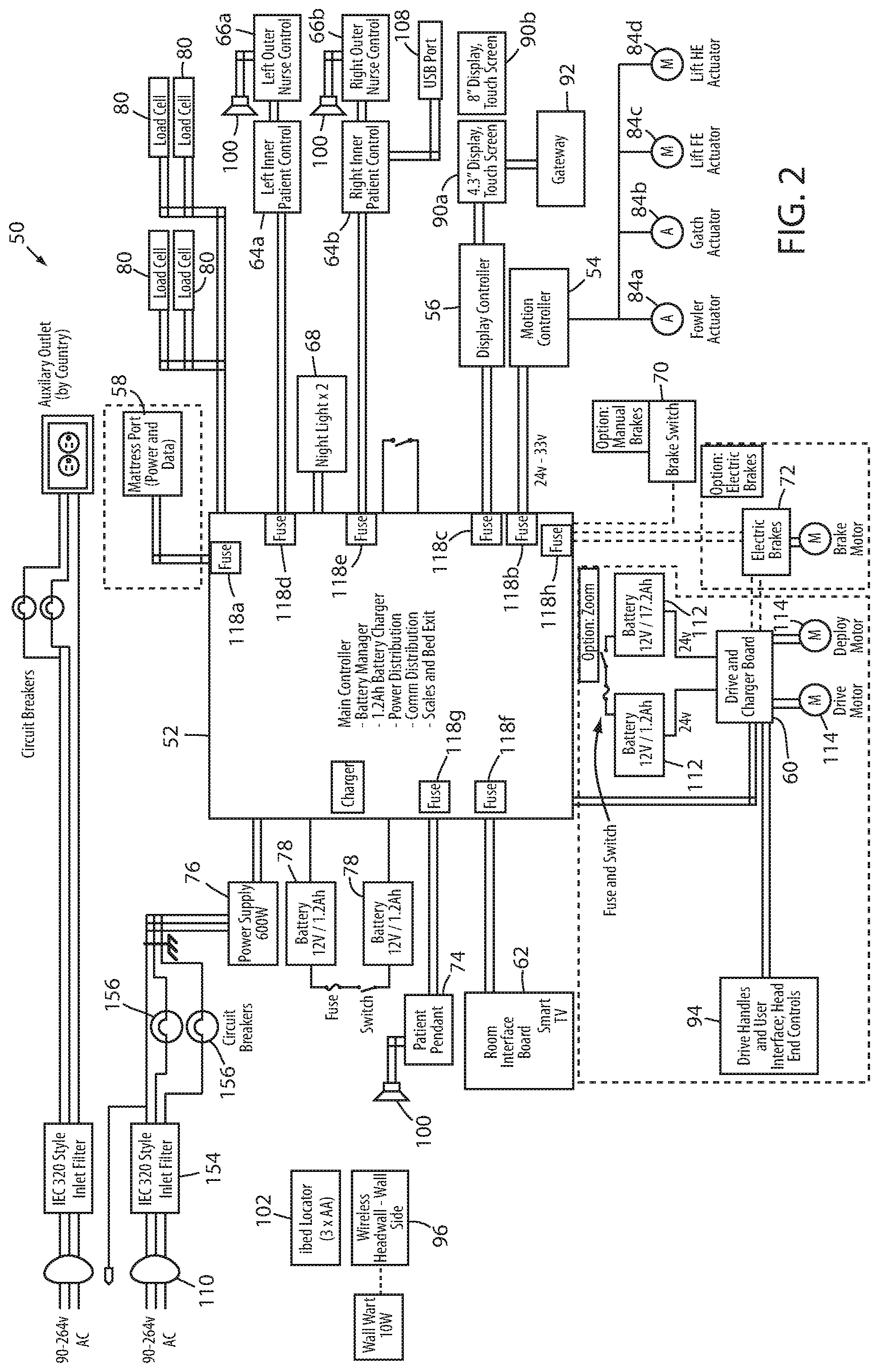 Patent US12090103 Figure 2 – Patient care system with power management
