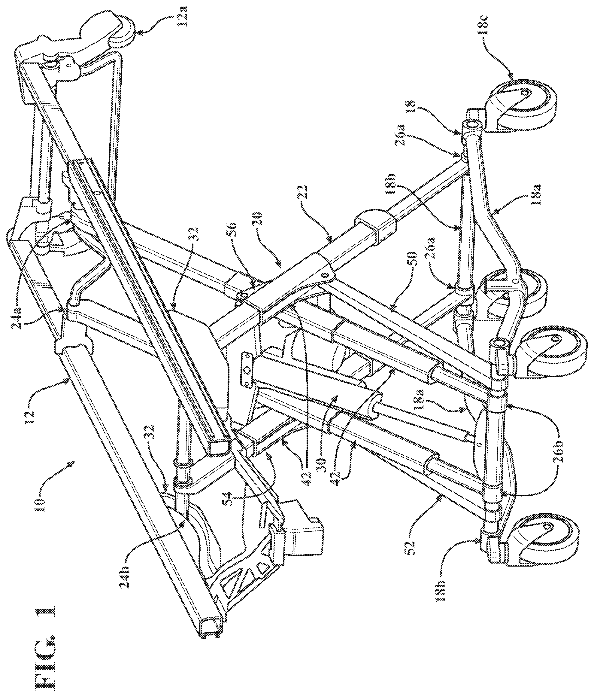 Patent US12090104 Figure 1 – Patient support apparatus with hydraulic oscillation dampening
