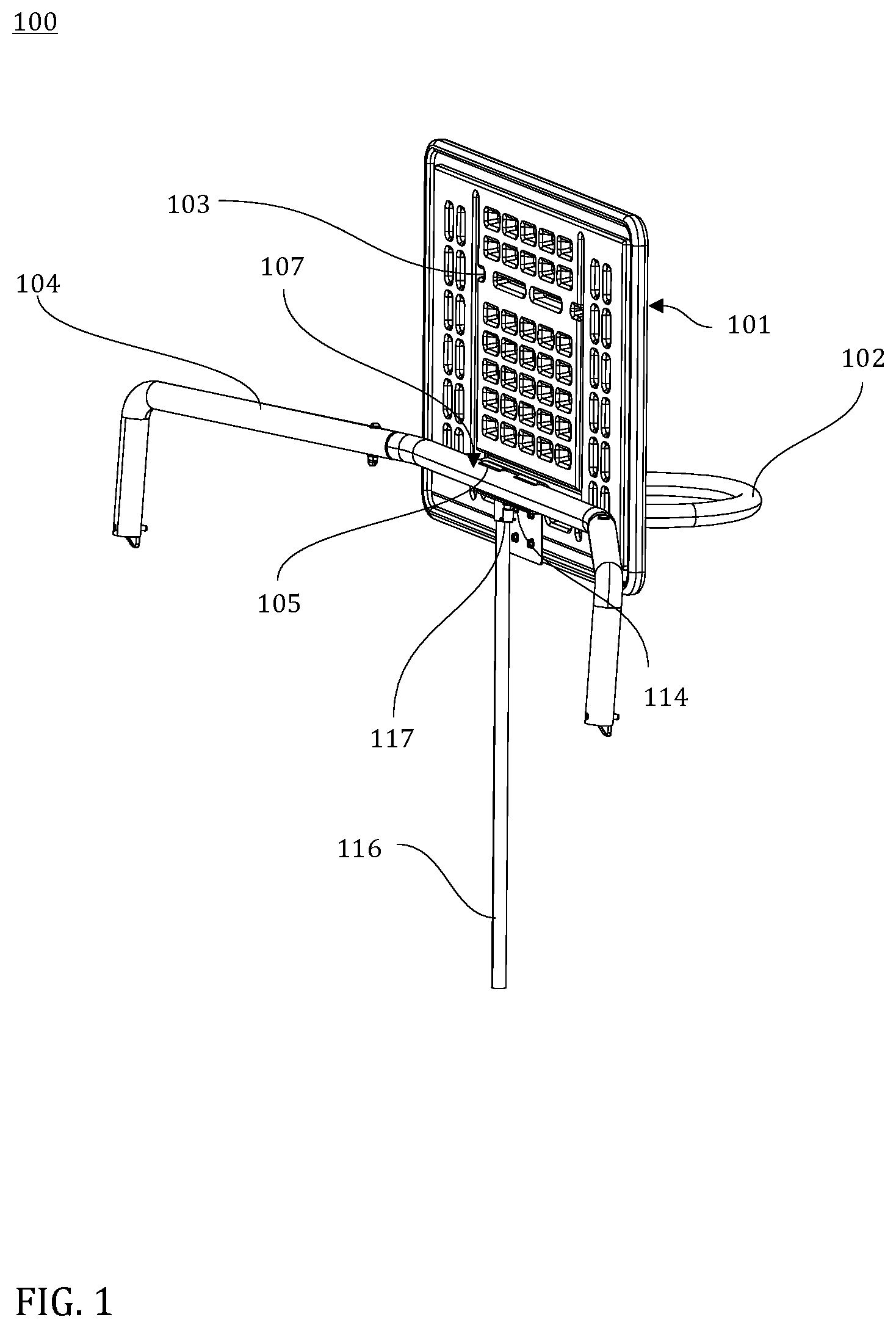 Patent US12090378 Figure 1 – Basketball hoop structure for a trampoline