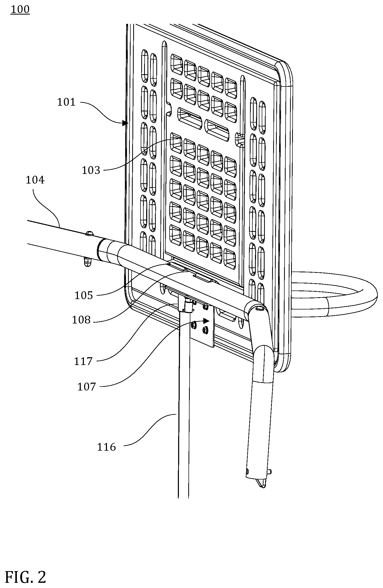 Patent US12090378 Figure 2 – Basketball hoop structure for a trampoline