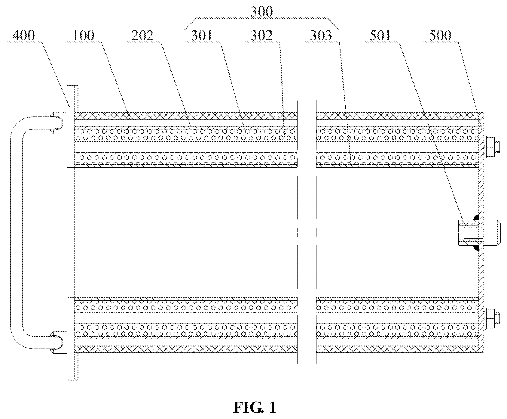 Patent US12090440 Figure 1 – Filter element for coupling adsorption and regeneration of volatile organic compounds and purification device