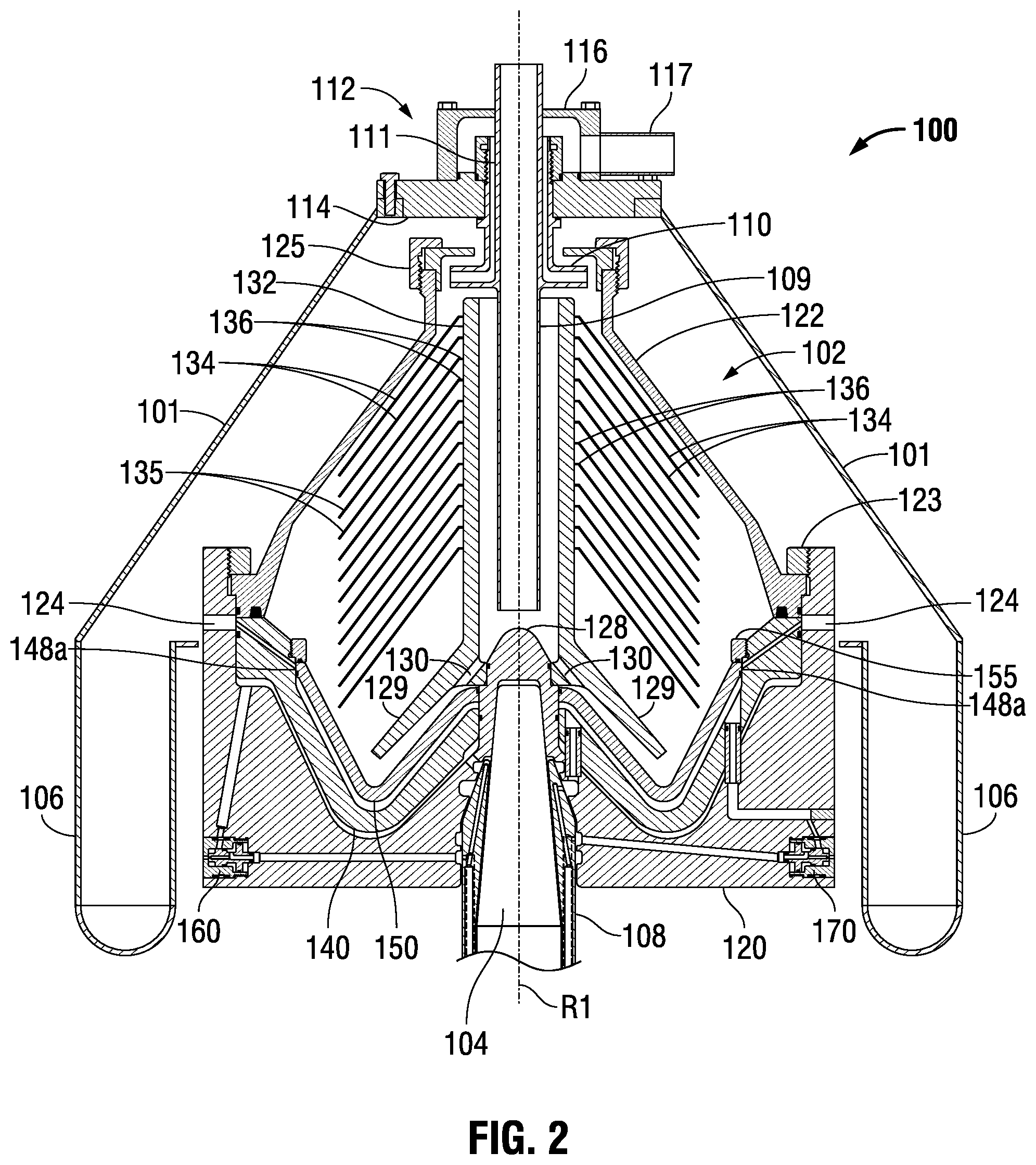 Patent US12090491 Figure 2 – Centrifugal separators and separation methods providing intermediate material ejection control