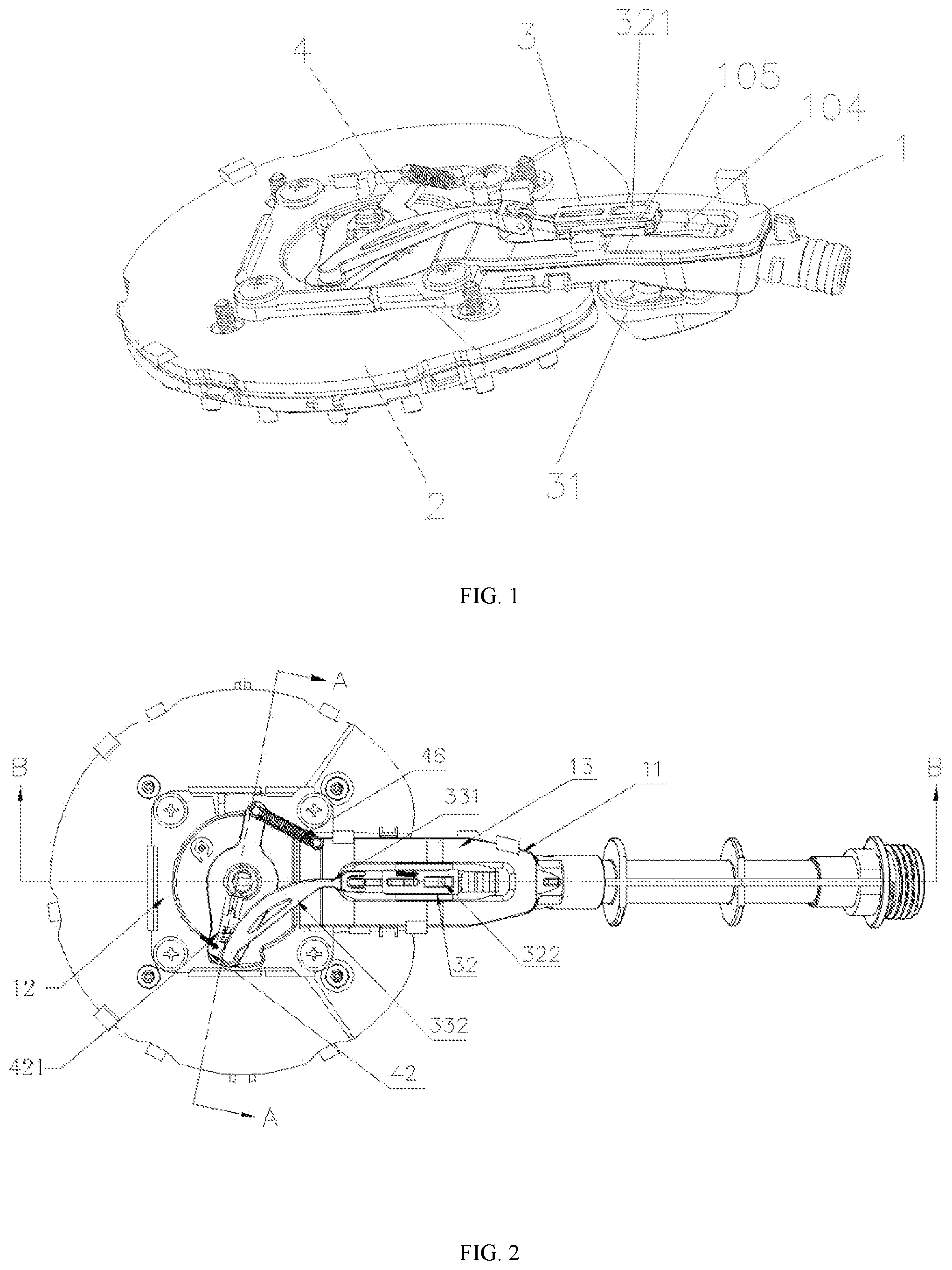 Patent US12090496 Figure 1 – Waterway switching structure for multifunctional shower head and multifunctional shower head including same