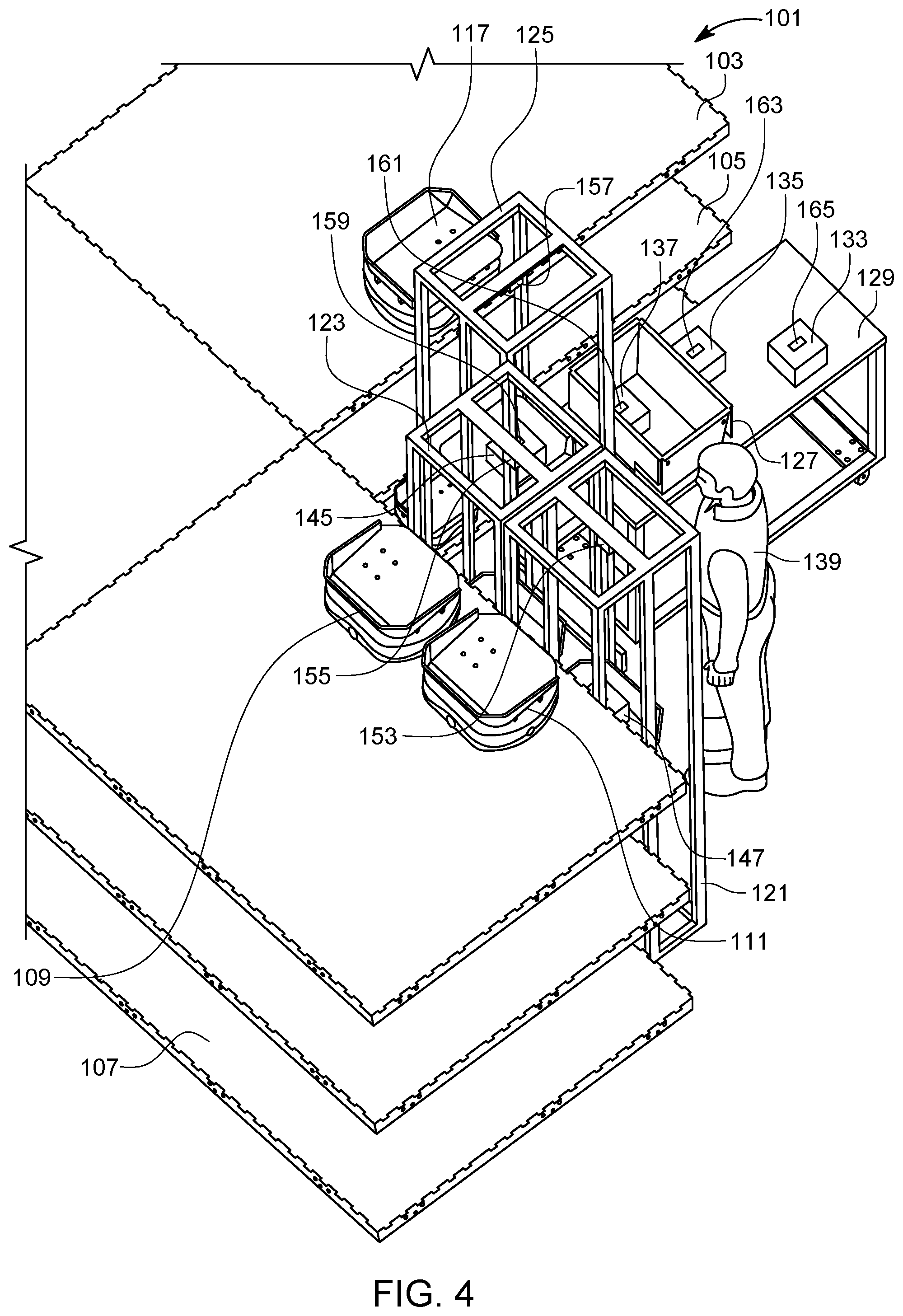 Patent US12090522 Figure 4 – Article loading system and method for multilevel sorter