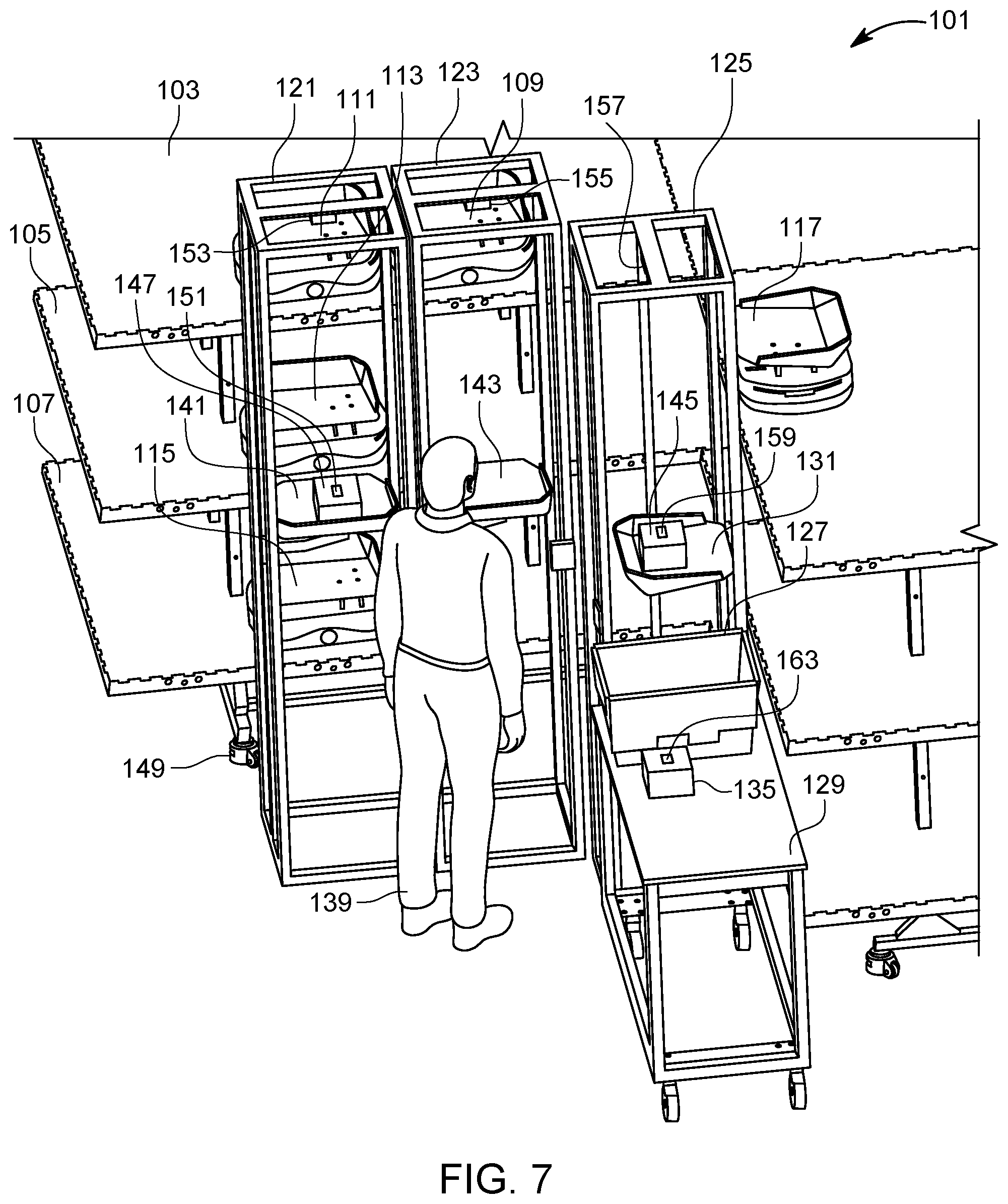 Patent US12090522 Figure 7 – Article loading system and method for multilevel sorter