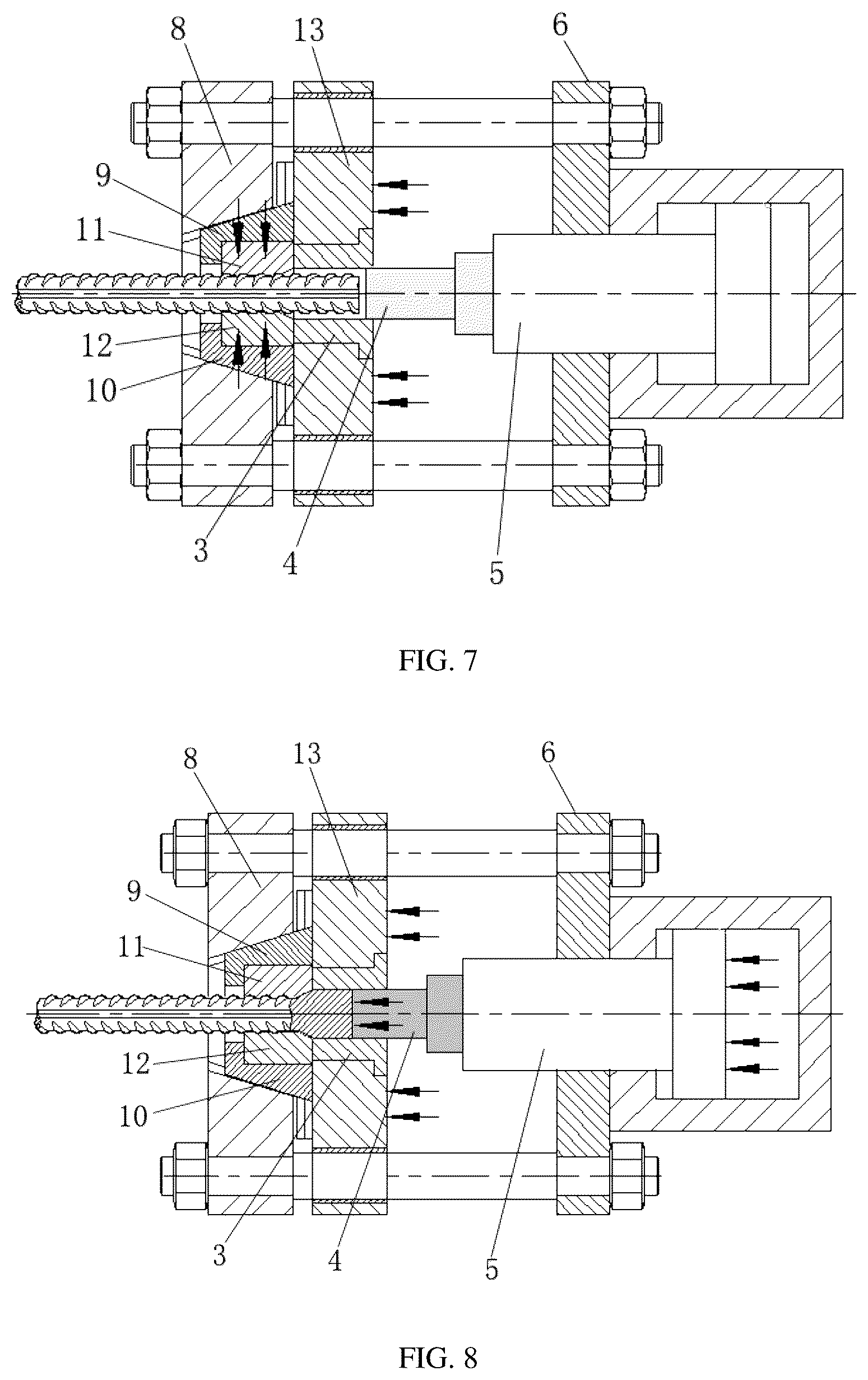Patent US12090544 Figure 4 – Rebar upsetting process and rebar upset forging machine