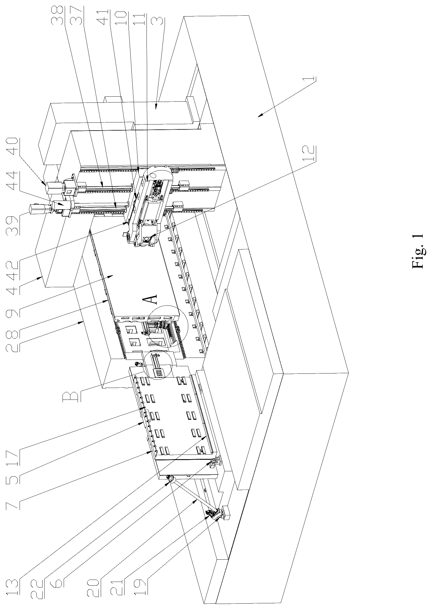 Patent US12090595 Figure 1 – Horizontal five-axis plate conversion machining center