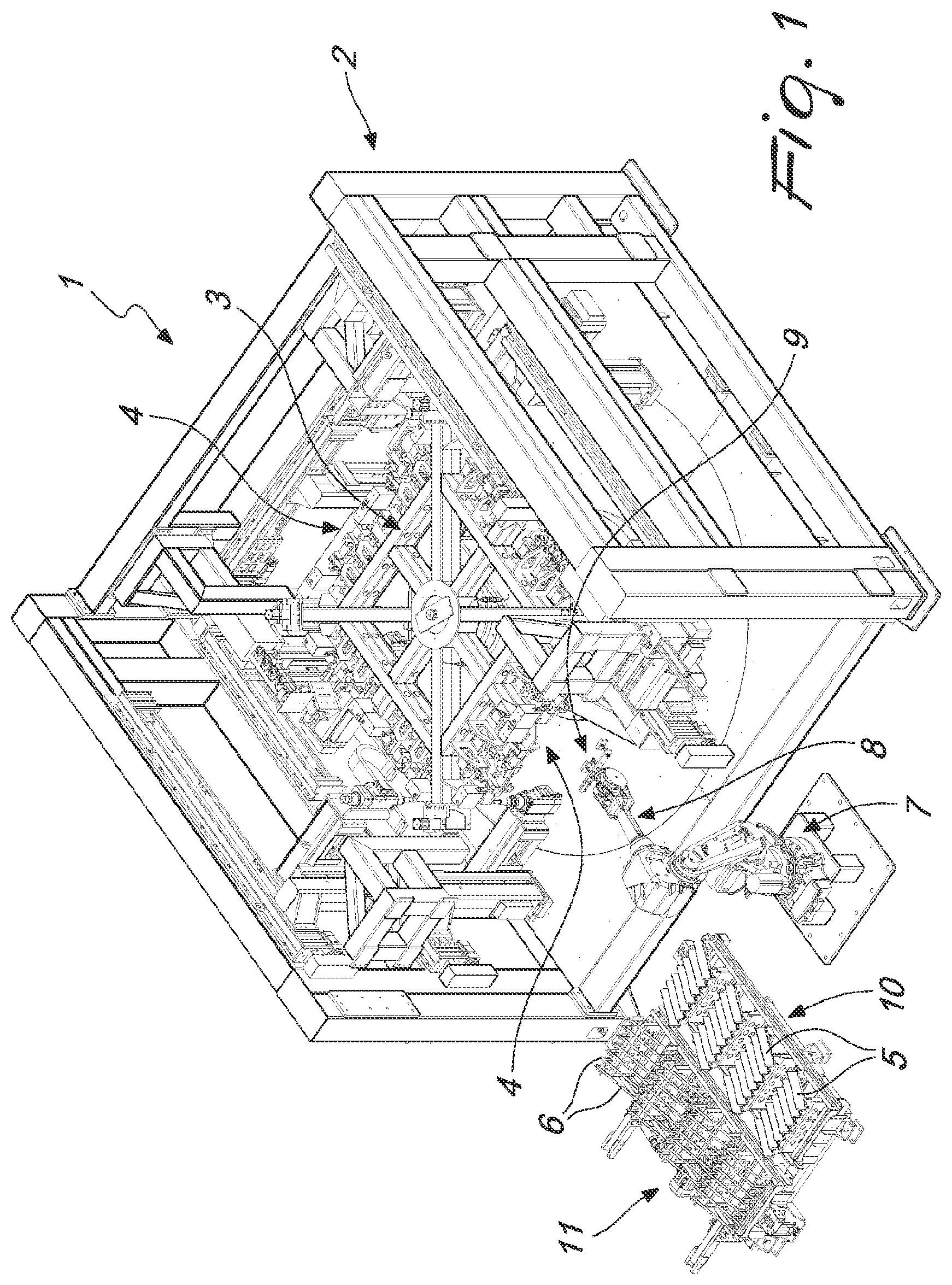 Patent US12090597 Figure 1 – Machining center equipped with device for mounting on a clamp parts or profiles to be worked