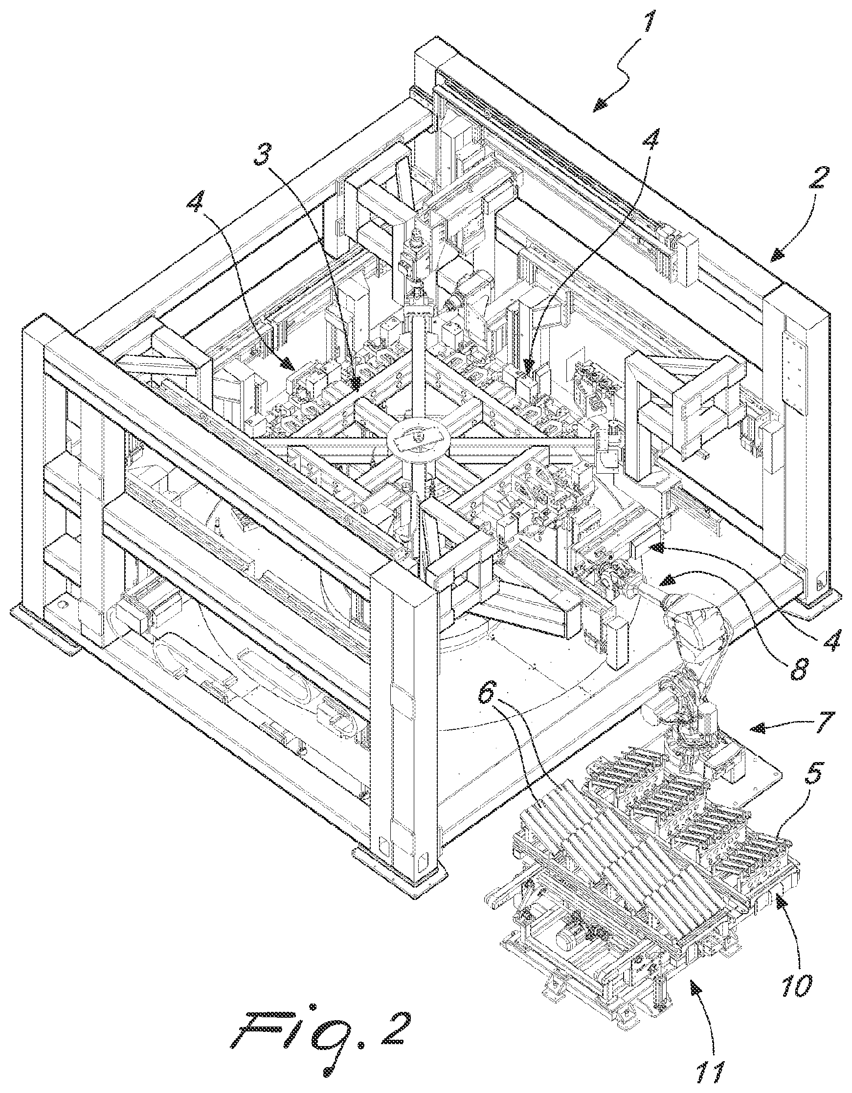 Patent US12090597 Figure 2 – Machining center equipped with device for mounting on a clamp parts or profiles to be worked