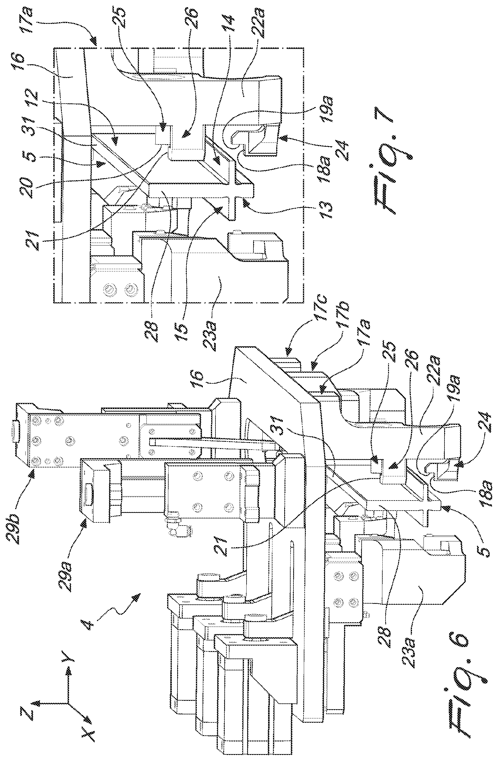 Patent US12090597 Figure 6 – Machining center equipped with device for mounting on a clamp parts or profiles to be worked