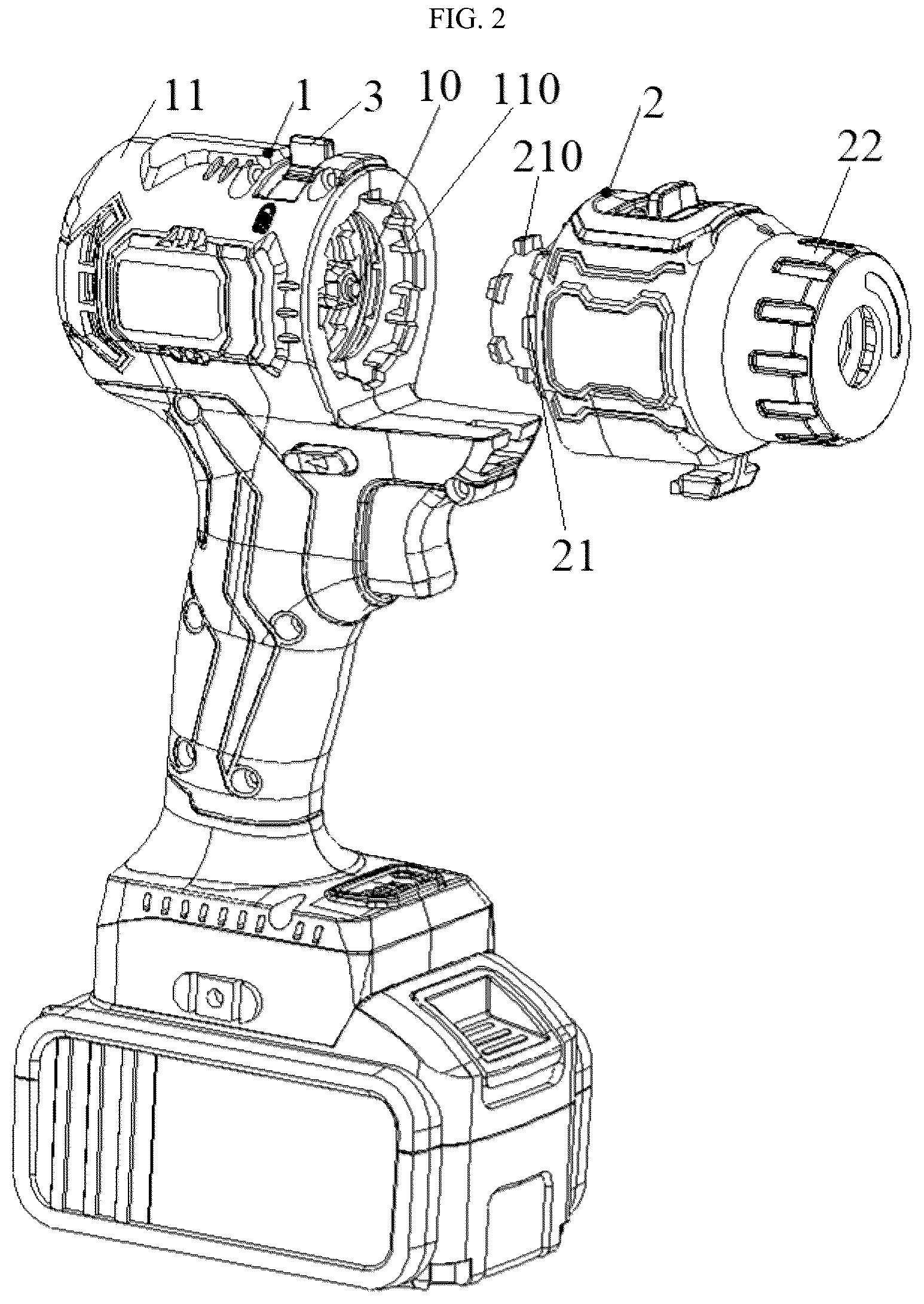 Patent US12090621 Figure 2 – Electric tool featuring quick assembly and assembly locking