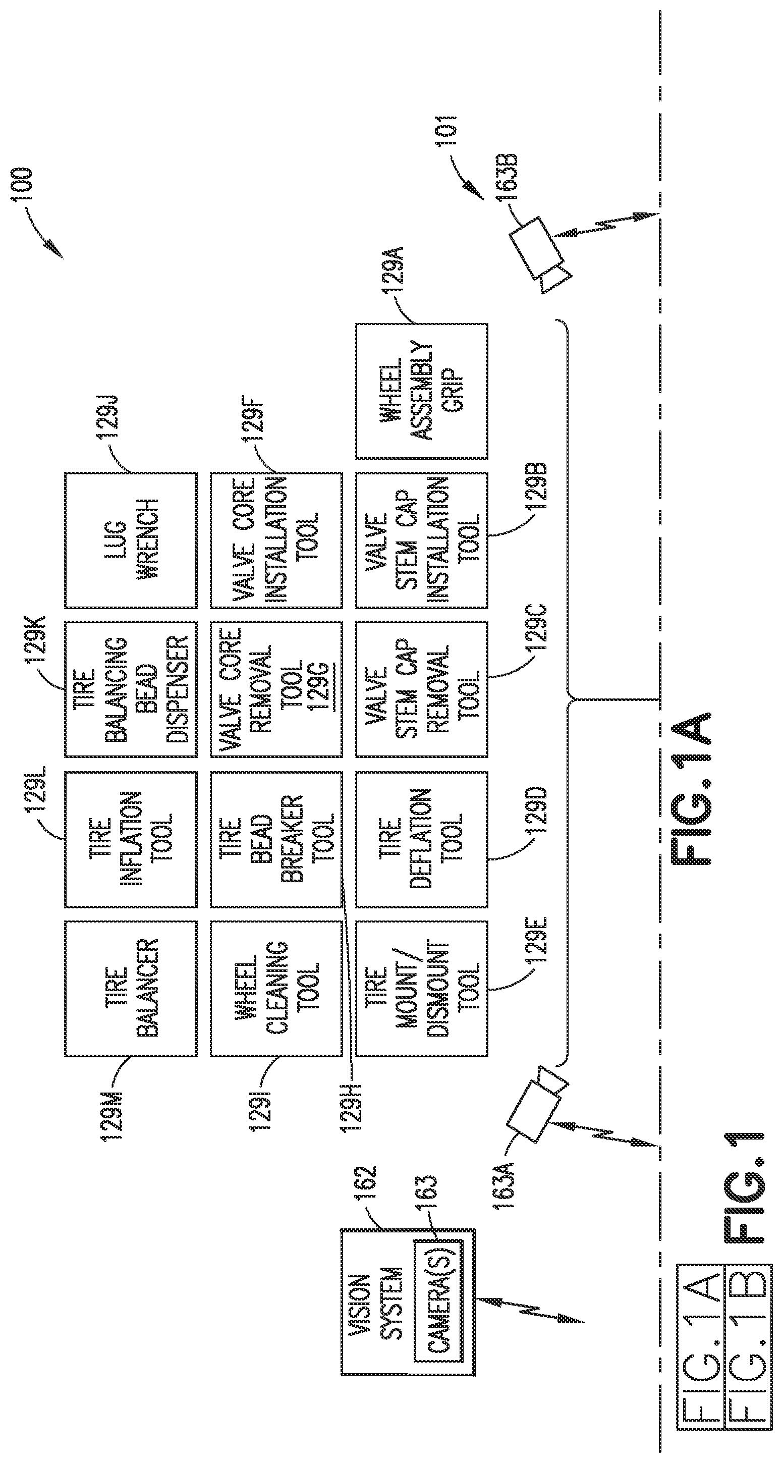 Patent US12090626 Figure 1 – Autonomous traverse tire changing bot, autonomous tire changing system, and method therefor