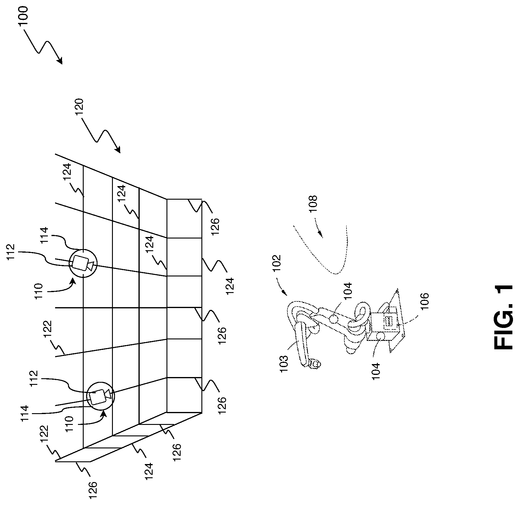 Patent US12090665 Figure 1 – Method and system for positioning sensors within a workspace
