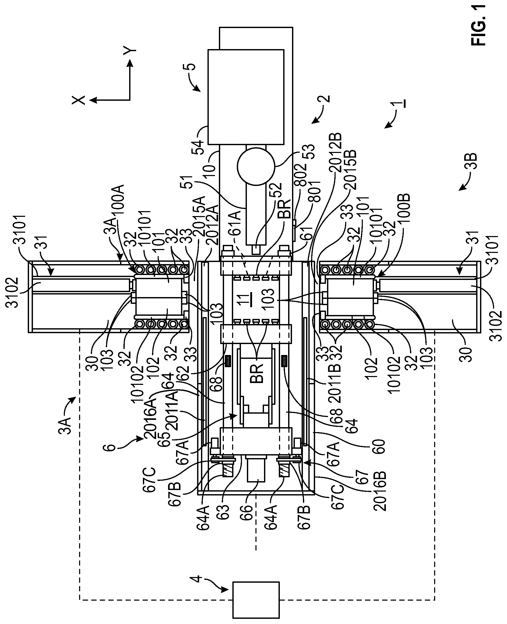 Patent US12090692 Figure 1 – Injection molding apparatus with a mold conveyor, and method of controlling the mold conveyor and the injection molding apparatus