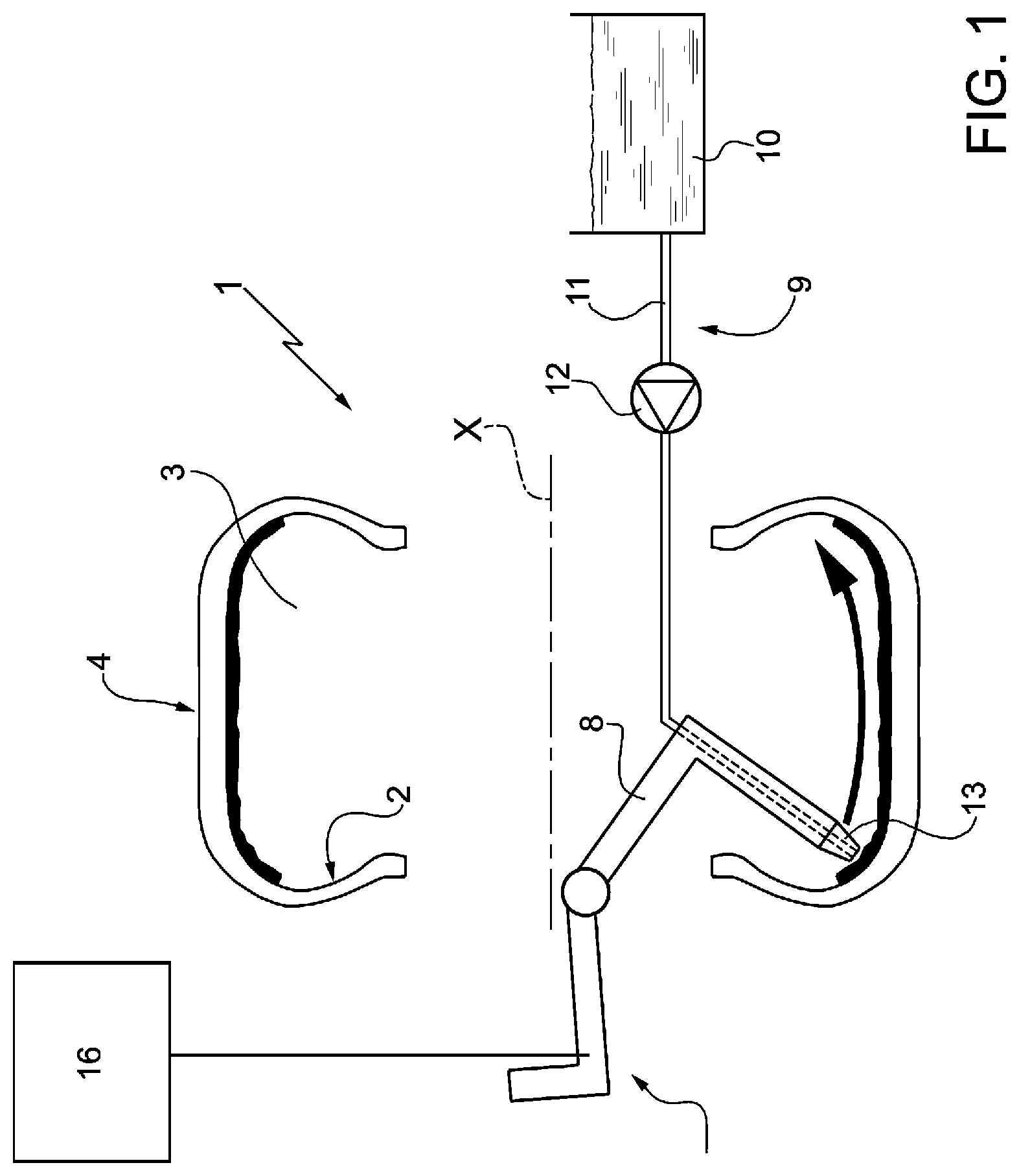 Patent US12090719 Figure 1 – Method and system for applying a sealing agent to the surface of an internal cavity of a pneumatic tire